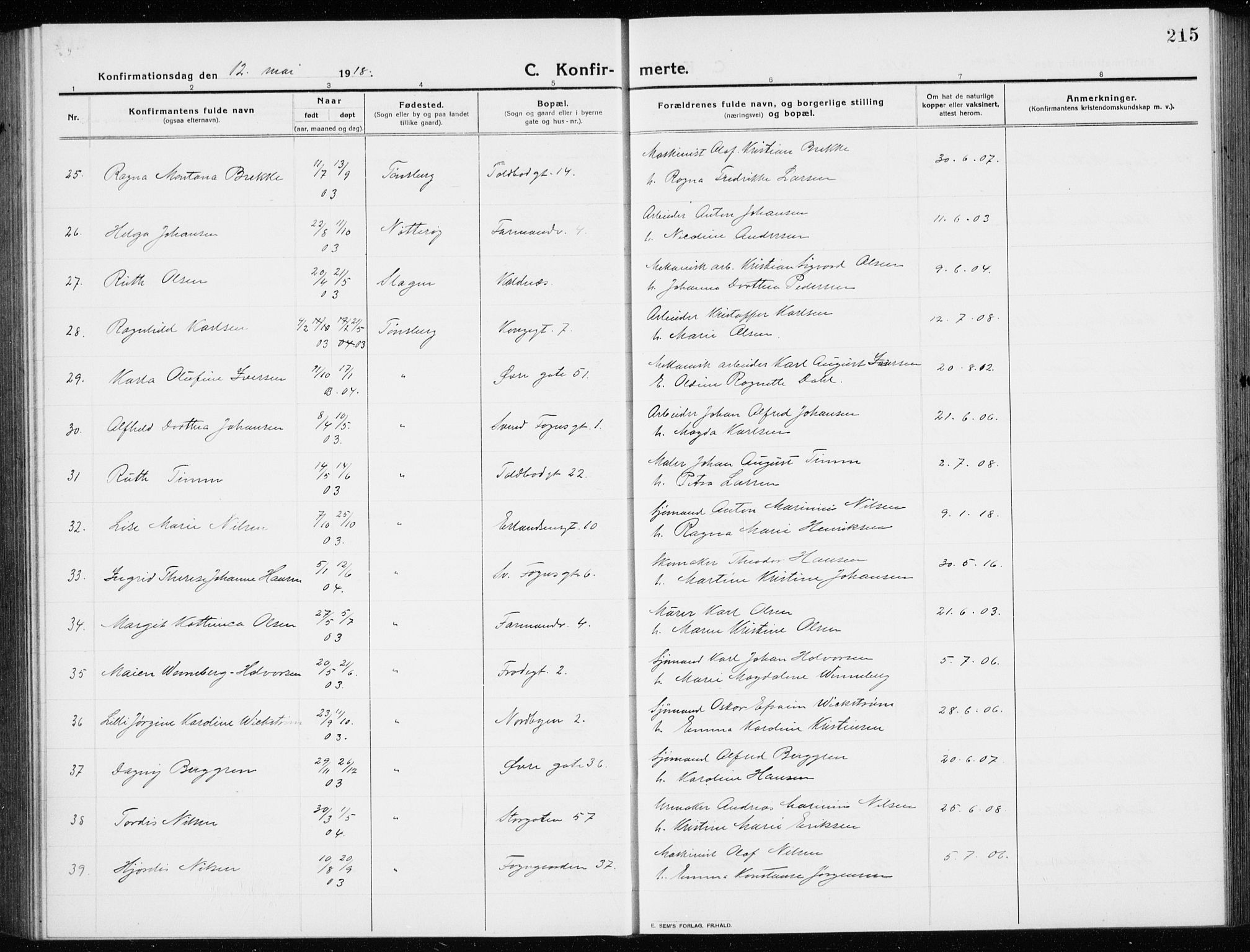 Tønsberg kirkebøker, AV/SAKO-A-330/G/Ga/L0009: Parish register (copy) no. 9, 1913-1920, p. 215