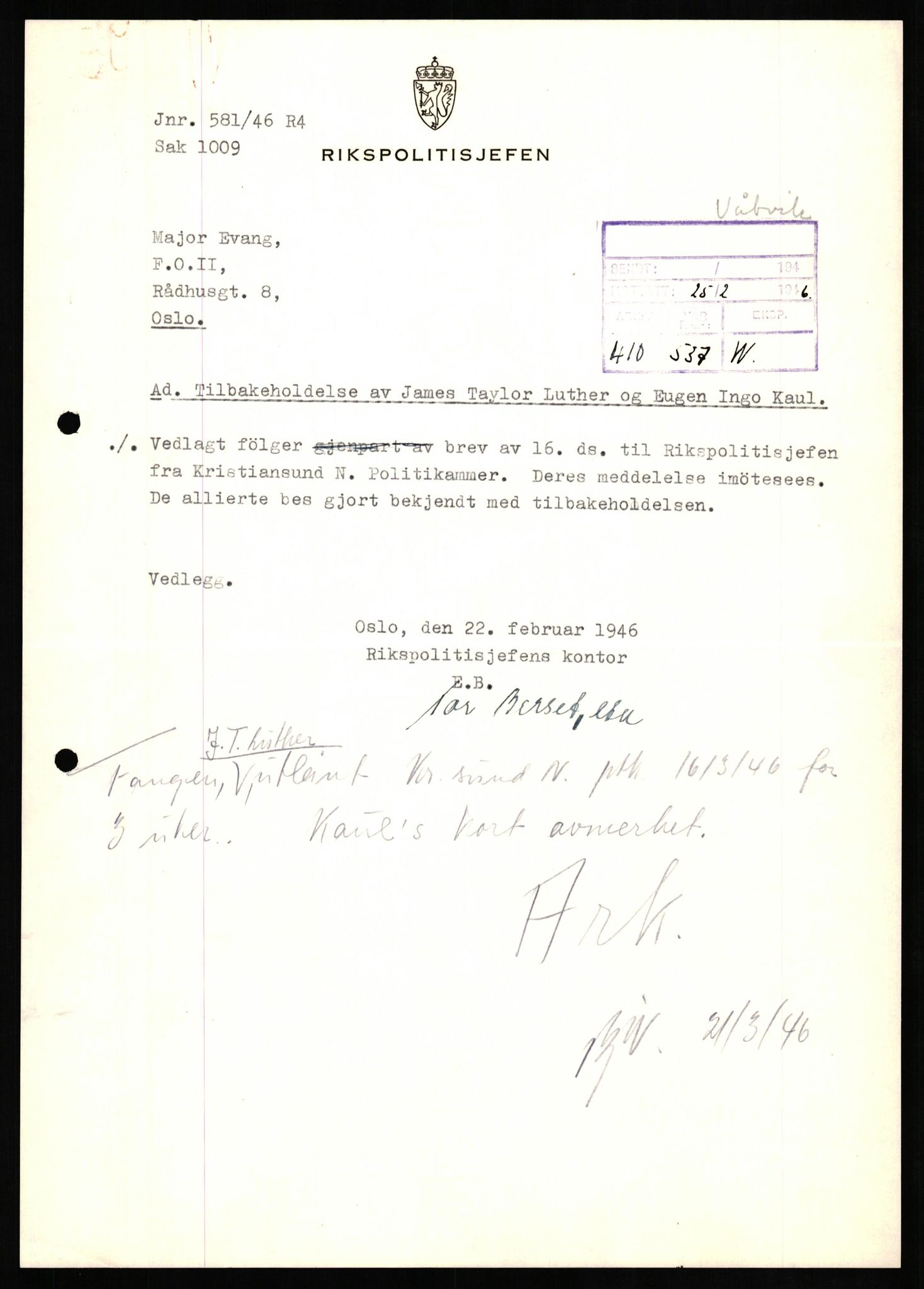 Forsvaret, Forsvarets overkommando II, AV/RA-RAFA-3915/D/Db/L0013: CI Questionaires. Tyske okkupasjonsstyrker i Norge. Tyskere., 1945-1946, p. 267