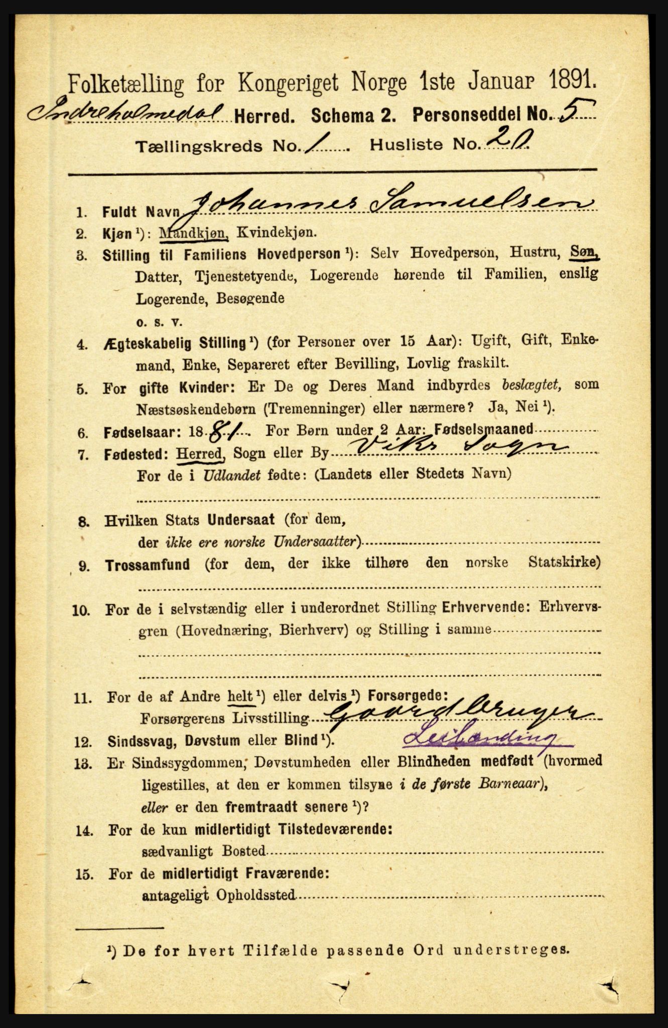 RA, 1891 census for 1430 Indre Holmedal, 1891, p. 211