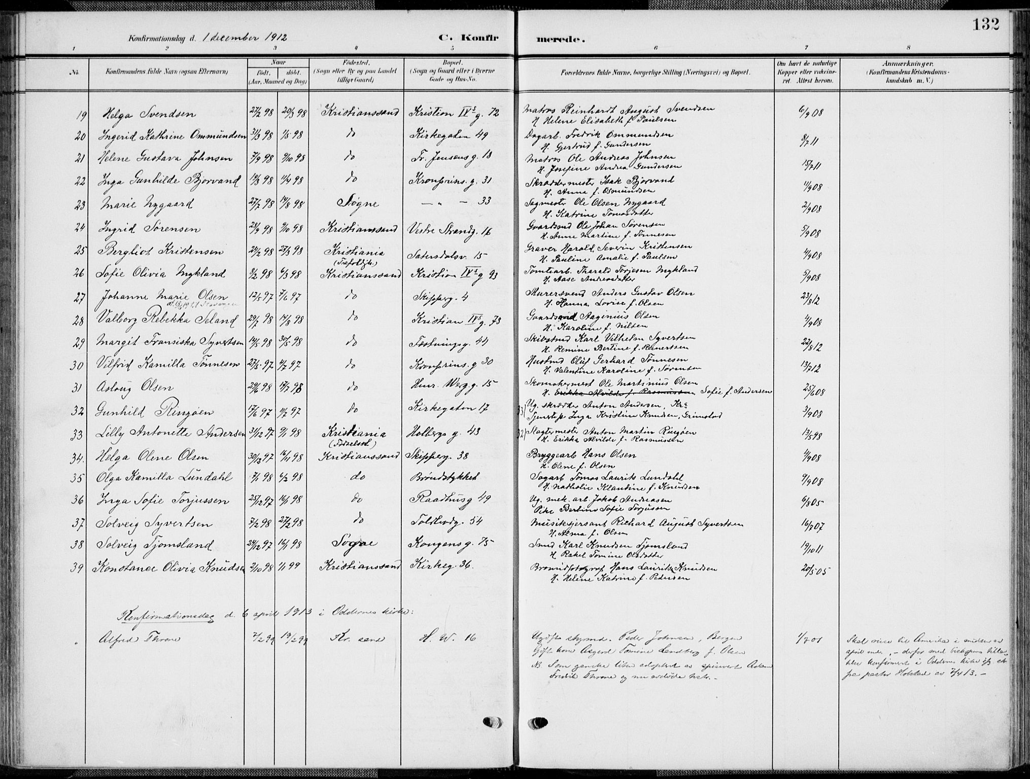 Kristiansand domprosti, AV/SAK-1112-0006/F/Fa/L0022: Parish register (official) no. A 21, 1905-1916, p. 132