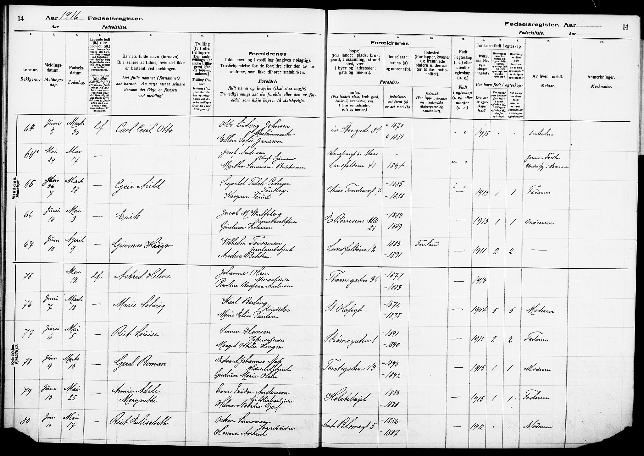 Bragernes kirkebøker, AV/SAKO-A-6/J/Ja/L0001: Birth register no. 1, 1916-1922, p. 14