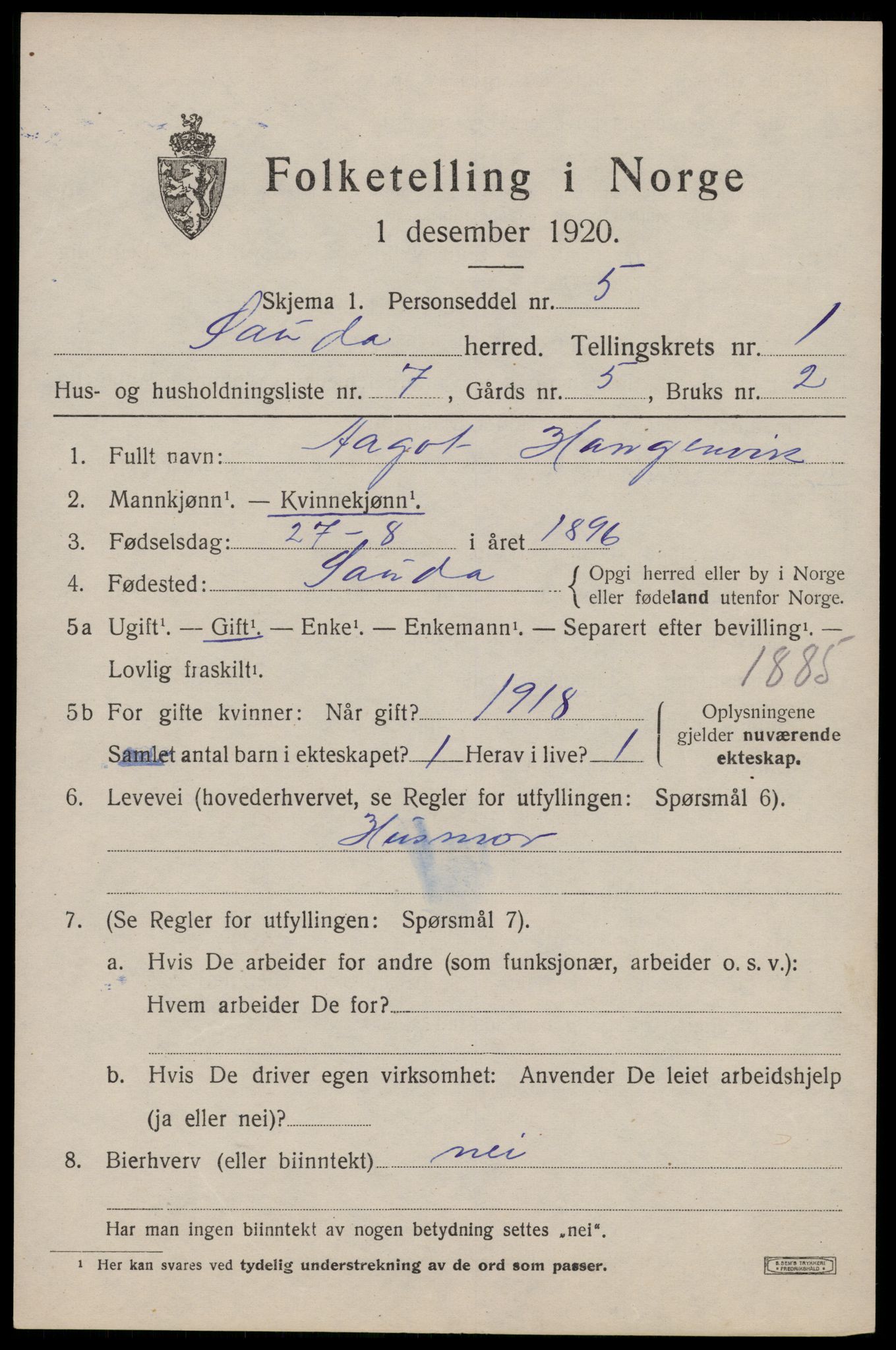 SAST, 1920 census for Sauda, 1920, p. 926