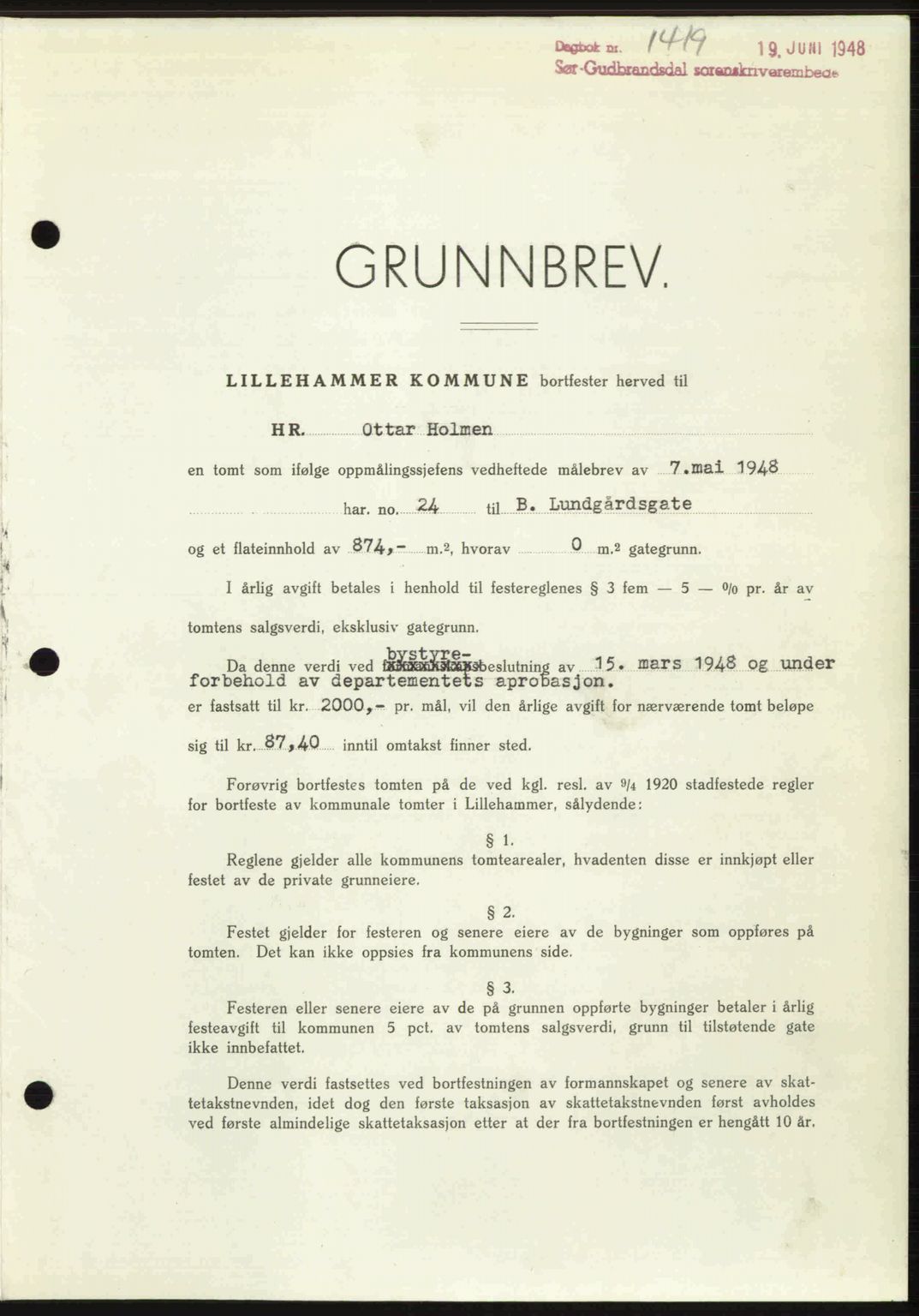 Sør-Gudbrandsdal tingrett, SAH/TING-004/H/Hb/Hbd/L0022: Mortgage book no. A22, 1948-1948, Diary no: : 1419/1948