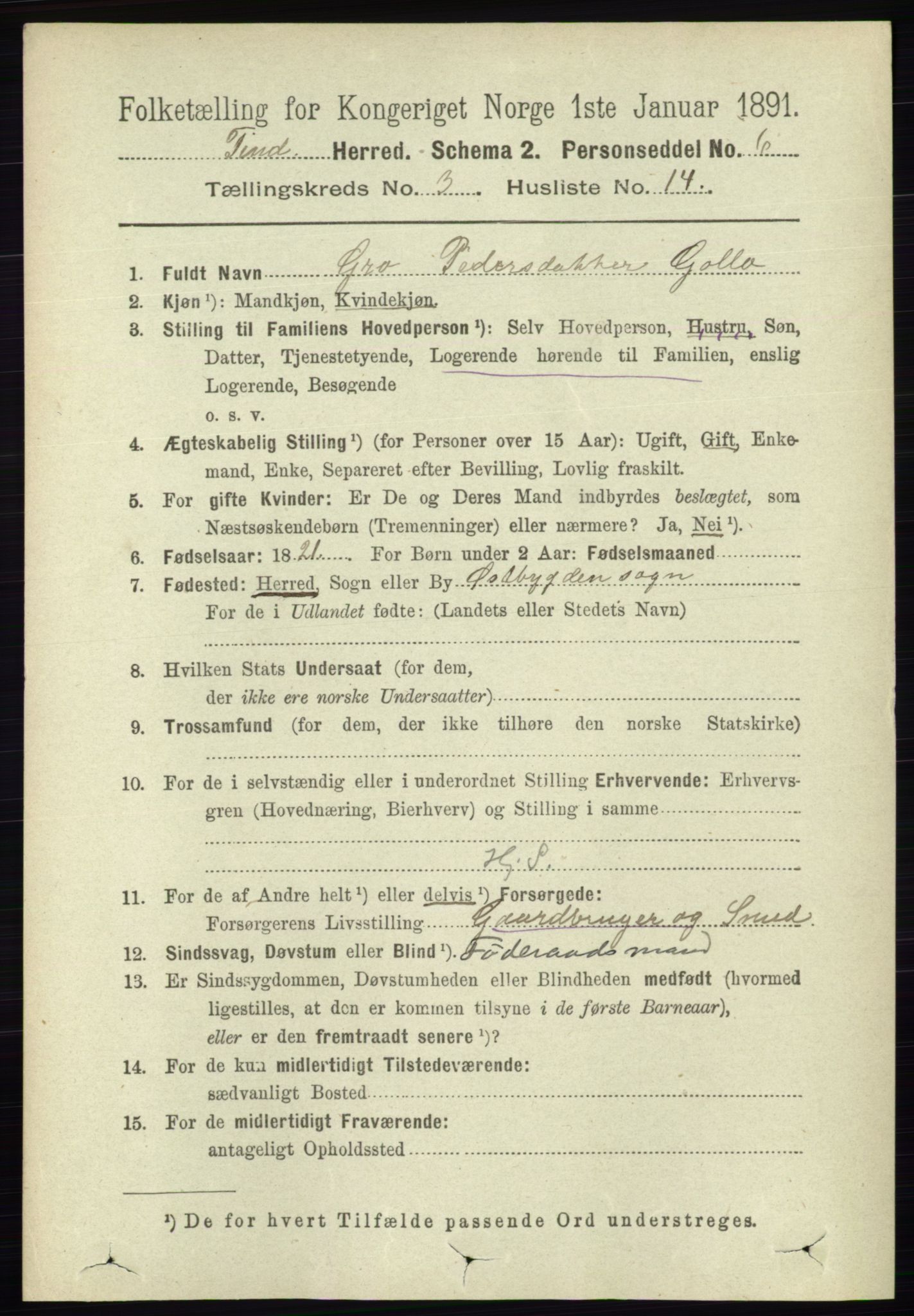 RA, 1891 census for 0826 Tinn, 1891, p. 580