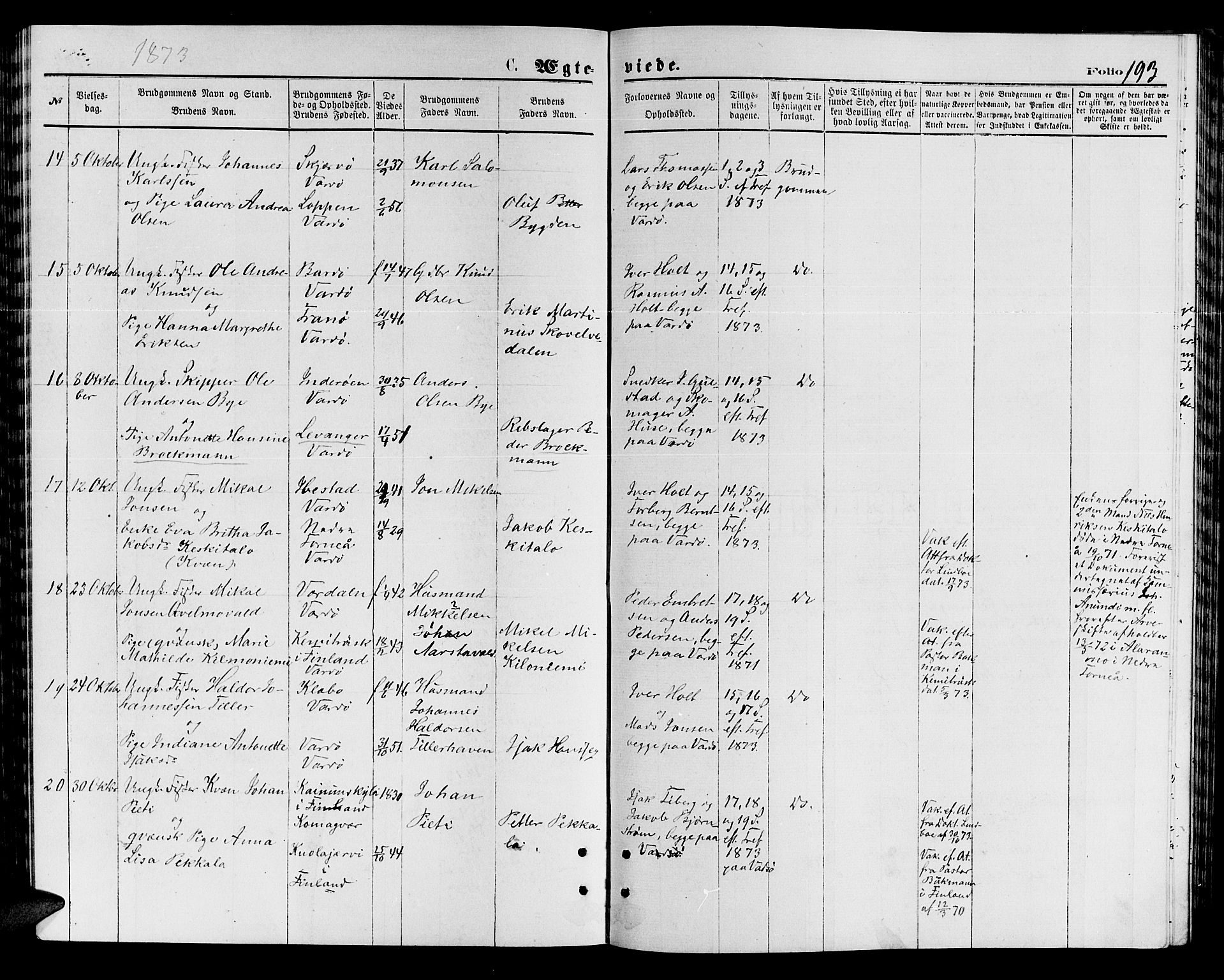 Vardø sokneprestkontor, AV/SATØ-S-1332/H/Hb/L0003klokker: Parish register (copy) no. 3, 1871-1878, p. 193