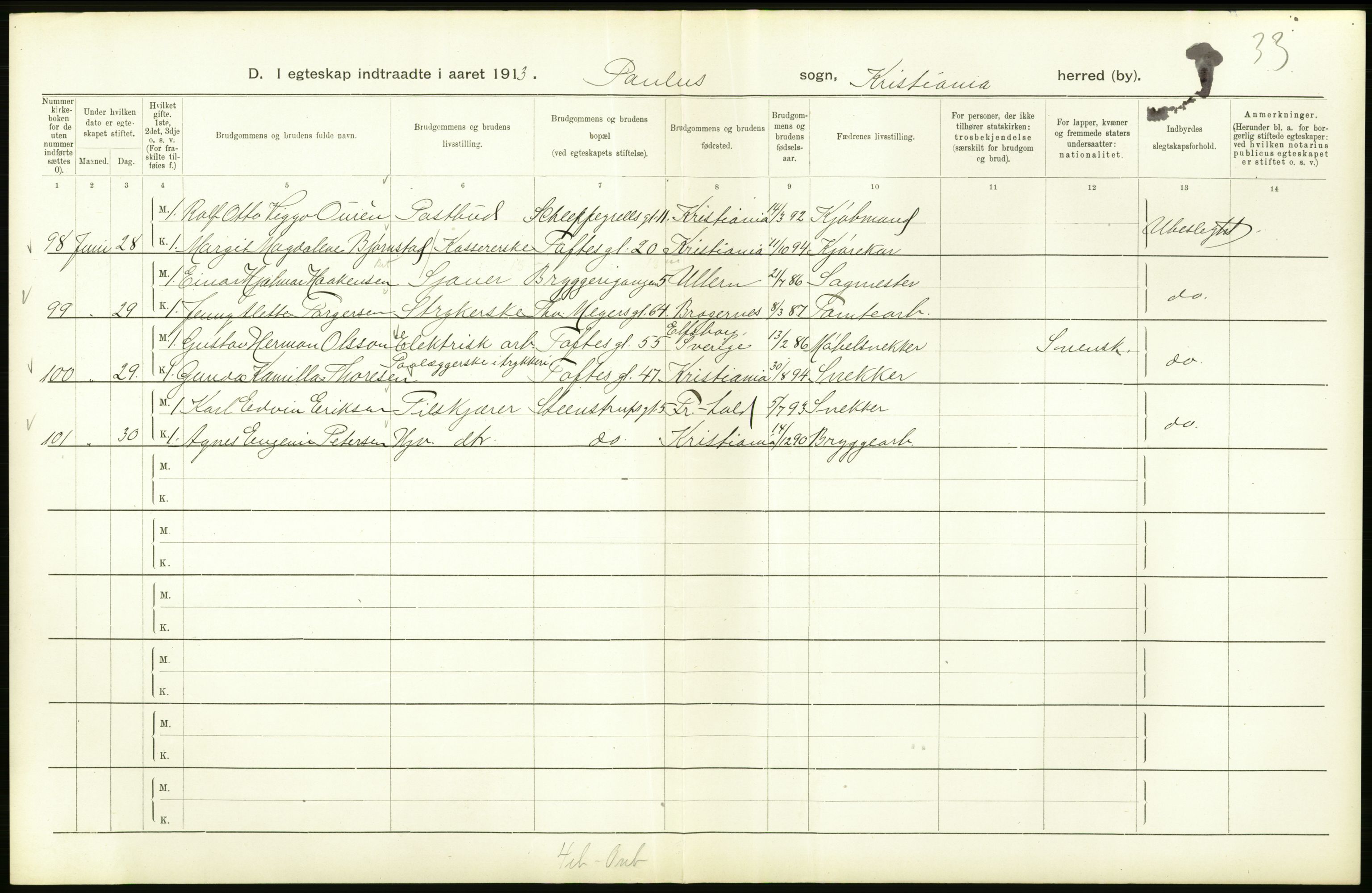 Statistisk sentralbyrå, Sosiodemografiske emner, Befolkning, AV/RA-S-2228/D/Df/Dfb/Dfbc/L0008: Kristiania: Gifte., 1913, p. 312