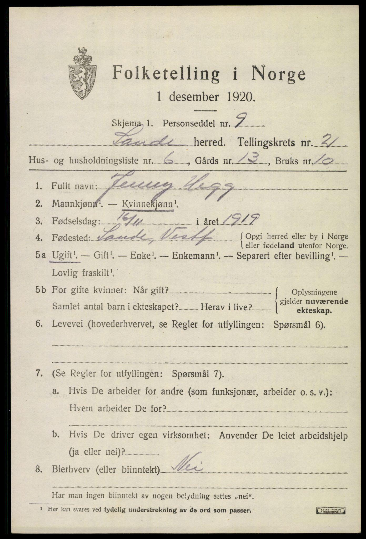 SAKO, 1920 census for Sande, 1920, p. 2228