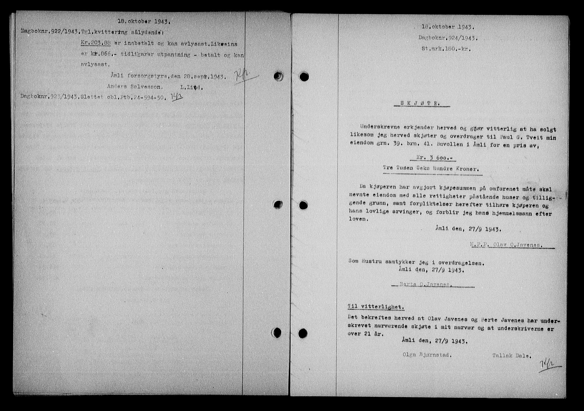 Nedenes sorenskriveri, SAK/1221-0006/G/Gb/Gba/L0051: Mortgage book no. A-V, 1943-1944, Diary no: : 924/1943