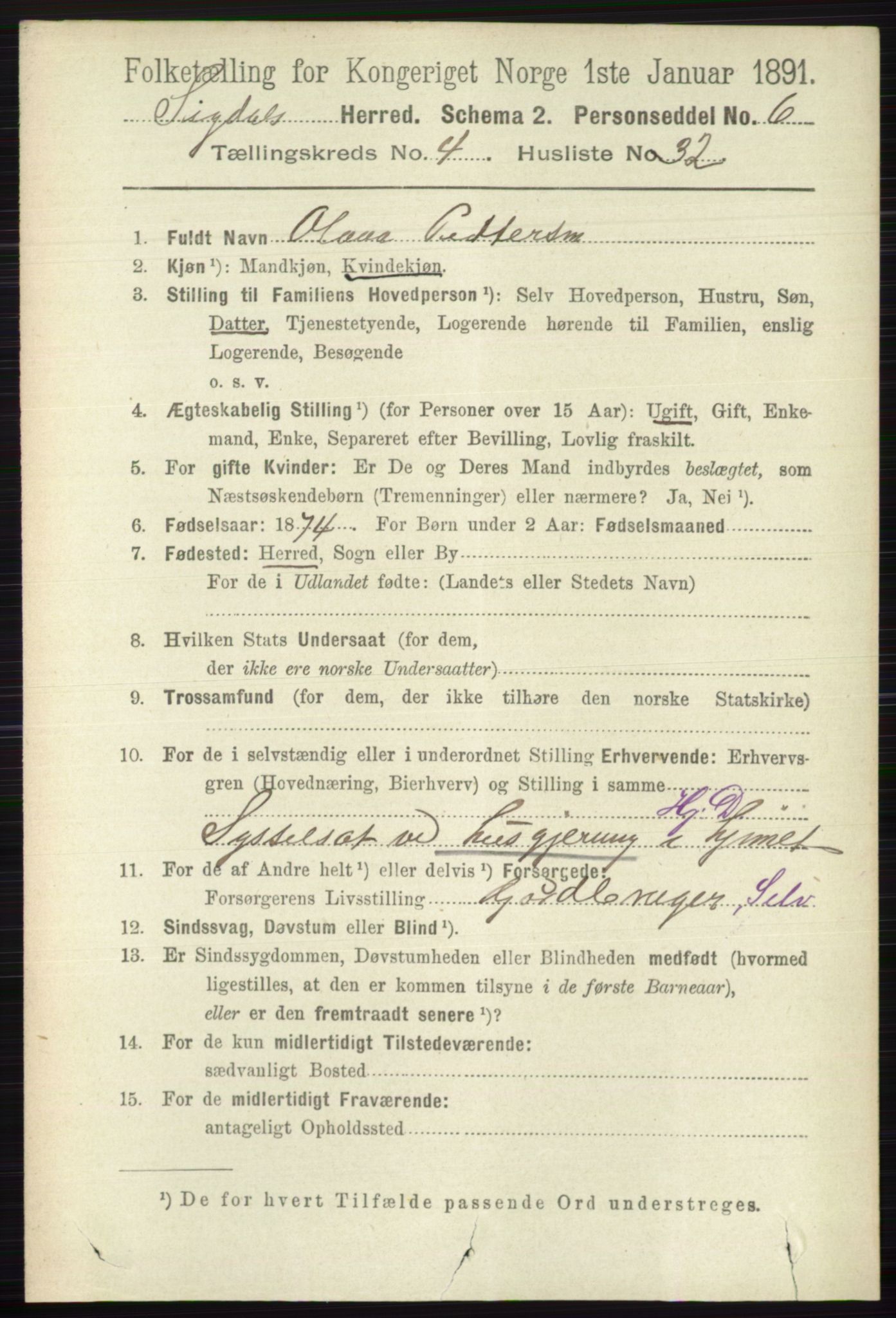 RA, 1891 census for 0621 Sigdal, 1891, p. 1842