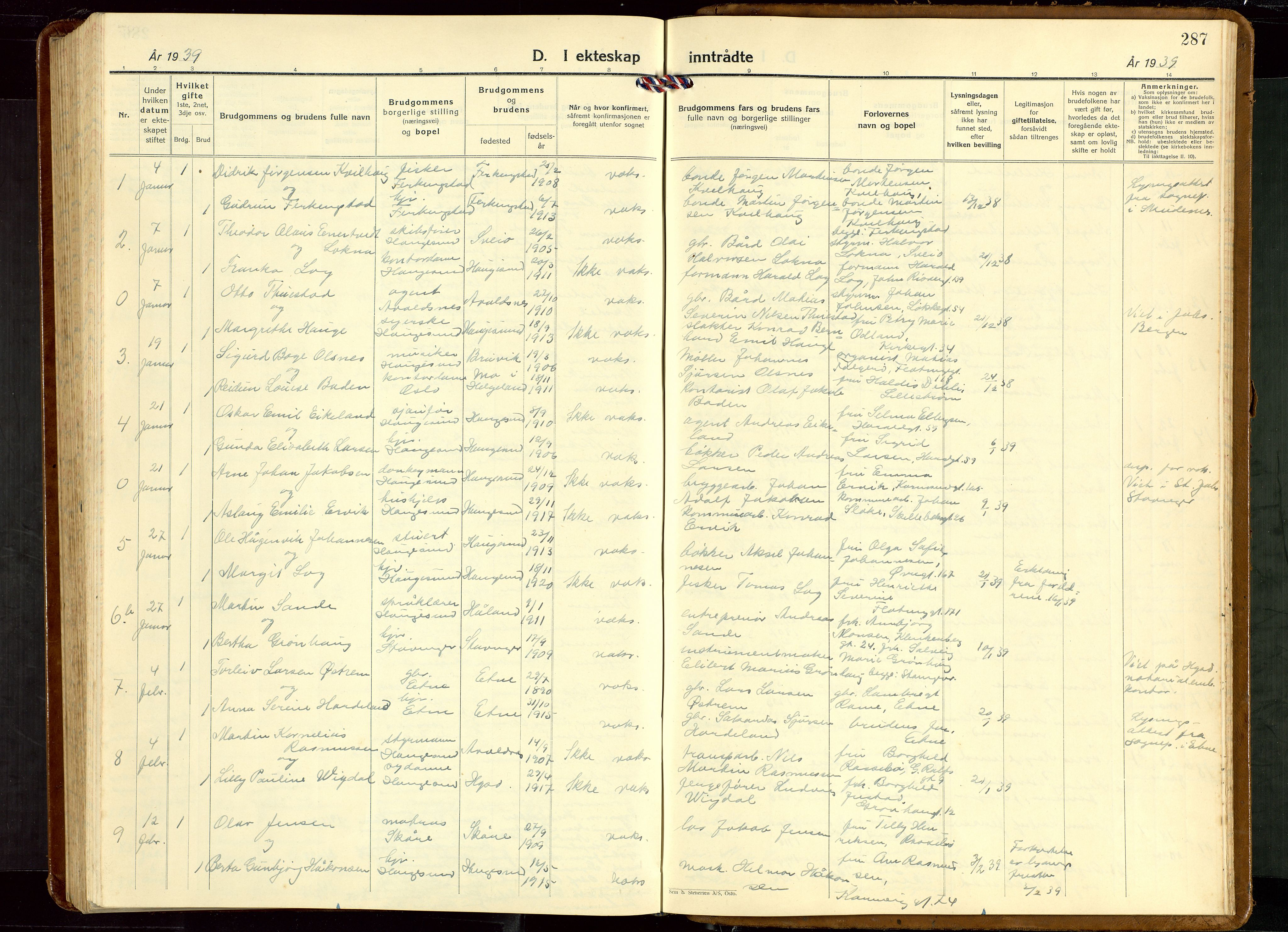 Haugesund sokneprestkontor, AV/SAST-A -101863/H/Ha/Hab/L0013: Parish register (copy) no. B 13, 1931-1943, p. 287