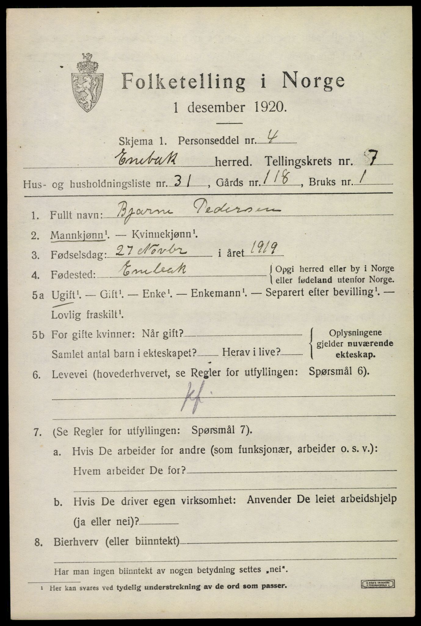 SAO, 1920 census for Enebakk, 1920, p. 6461