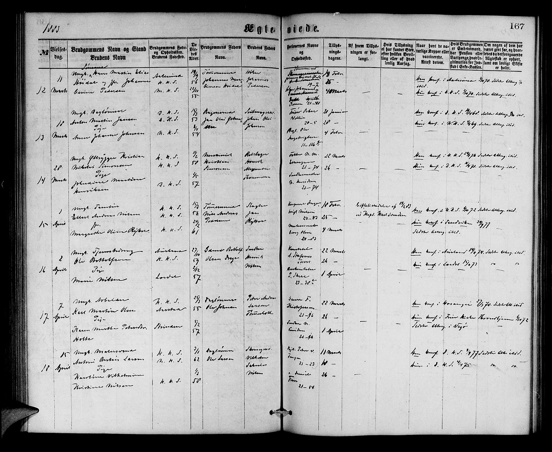 Korskirken sokneprestembete, AV/SAB-A-76101/H/Hab: Parish register (copy) no. D 2, 1867-1886, p. 167