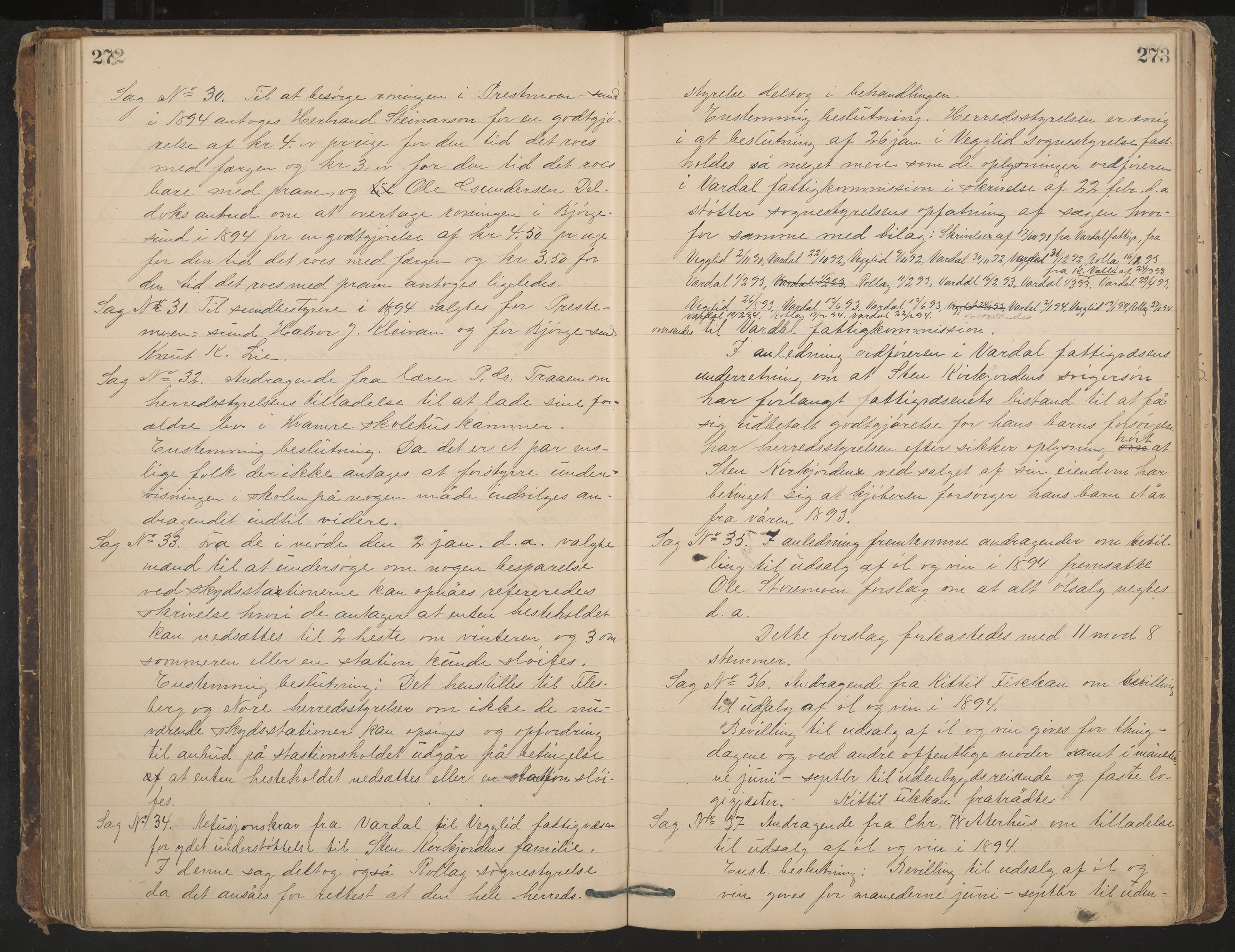 Rollag formannskap og sentraladministrasjon, IKAK/0632021-2/A/Aa/L0003: Møtebok, 1884-1897, p. 272-273