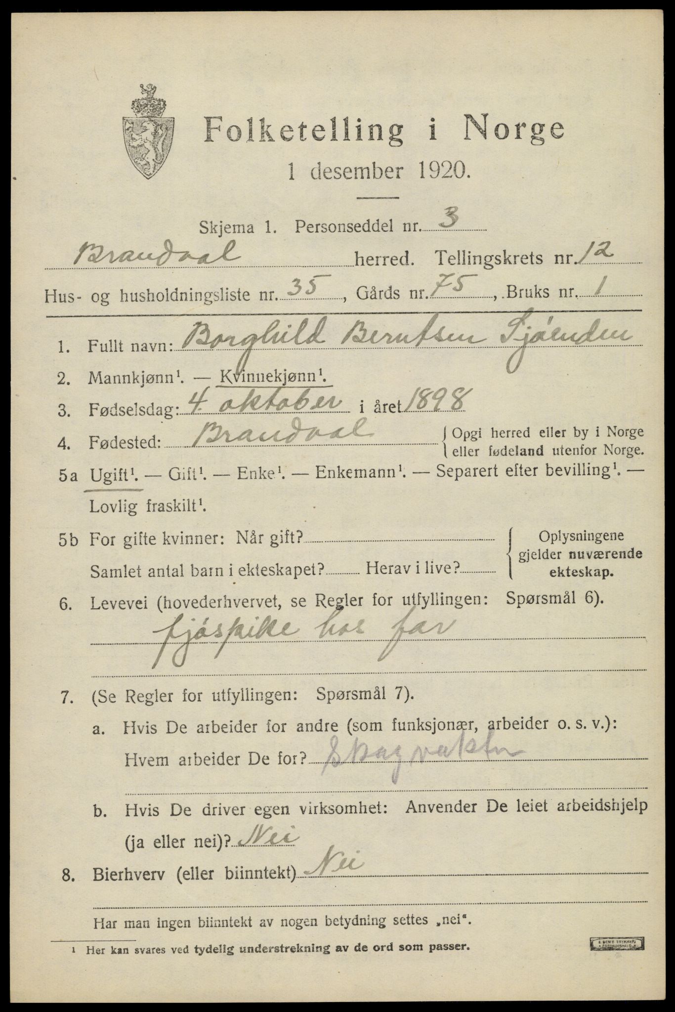 SAH, 1920 census for Brandval, 1920, p. 8842