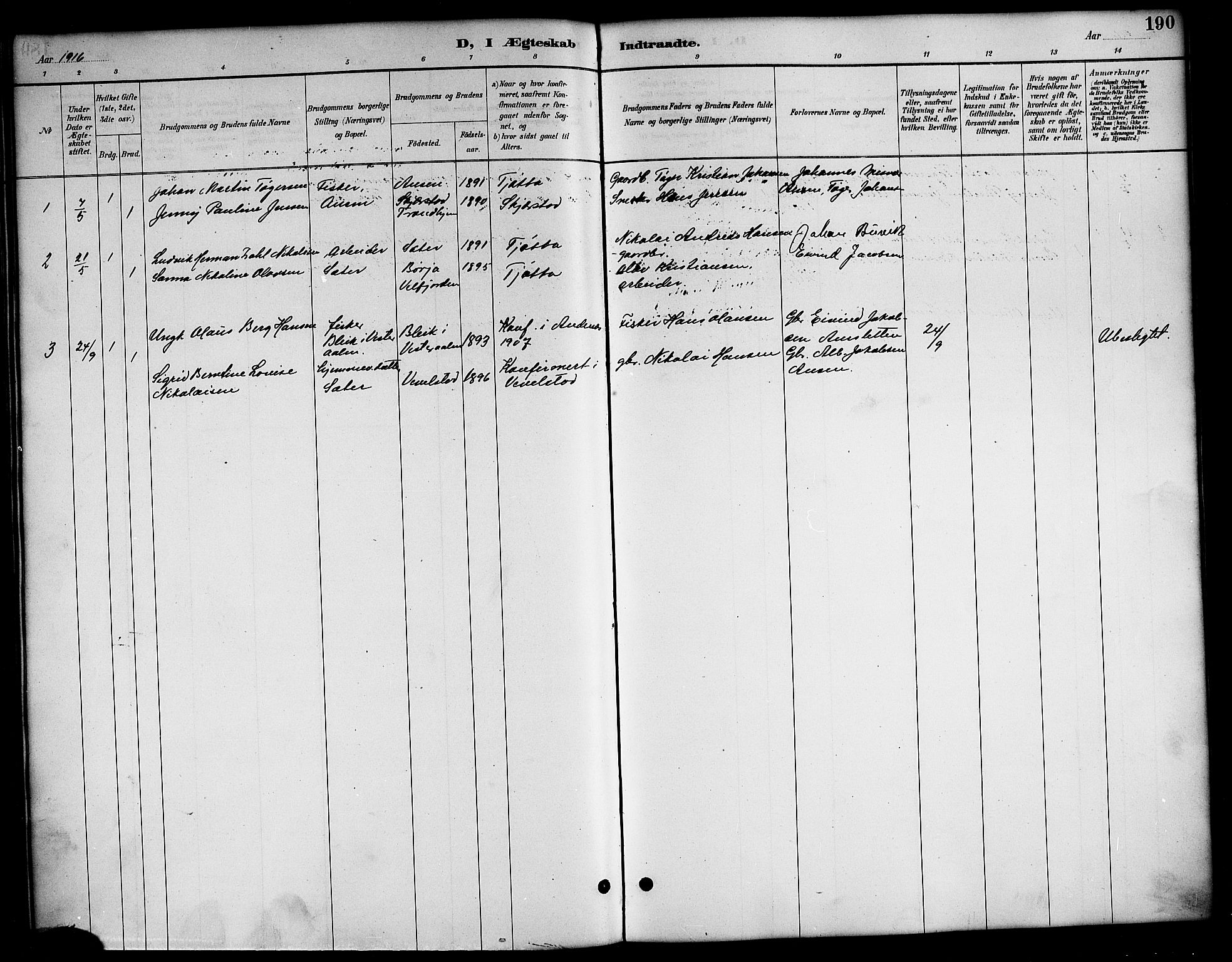 Ministerialprotokoller, klokkerbøker og fødselsregistre - Nordland, AV/SAT-A-1459/819/L0277: Parish register (copy) no. 819C03, 1888-1917, p. 190