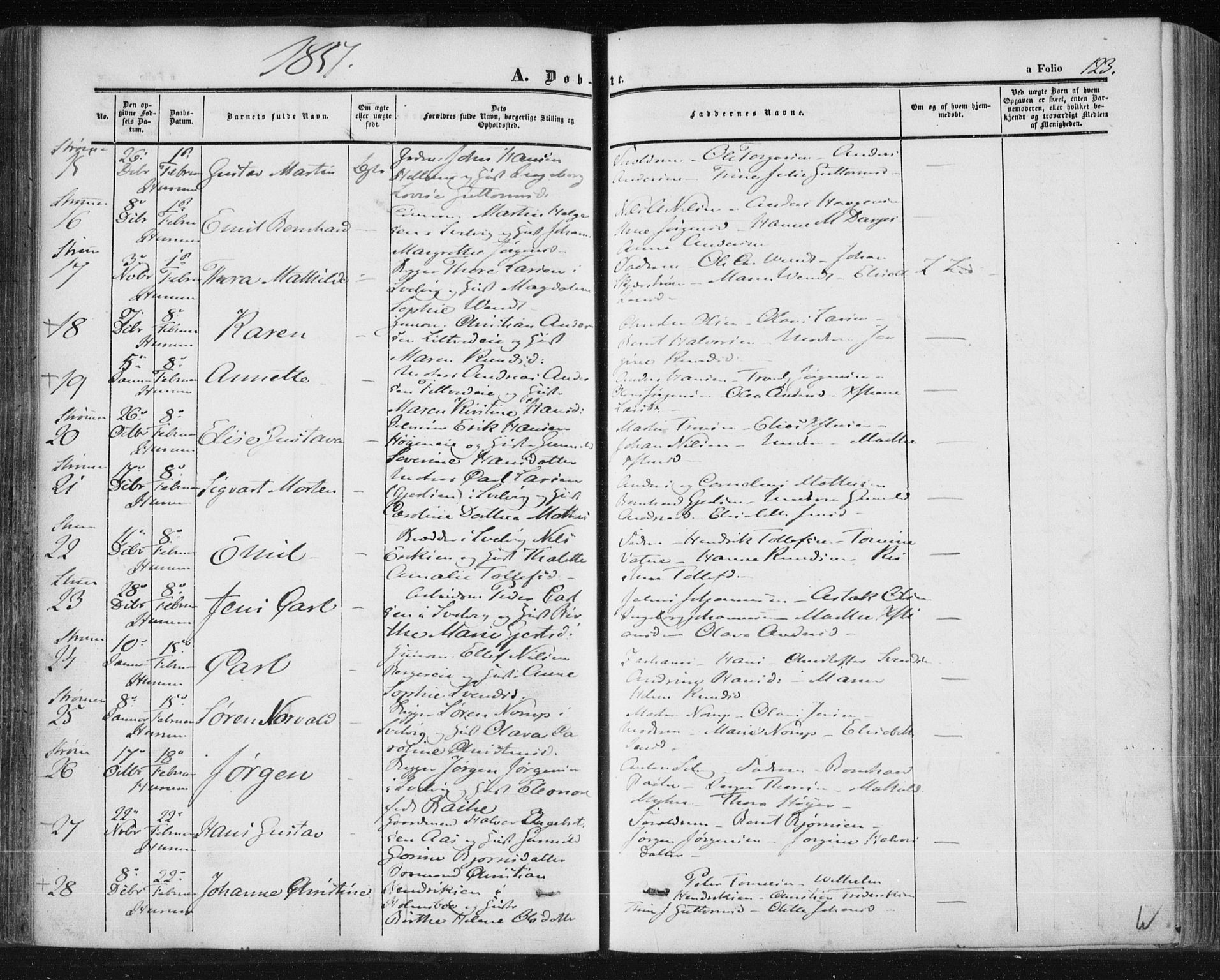 Hurum kirkebøker, SAKO/A-229/F/Fa/L0011: Parish register (official) no. 11, 1847-1860, p. 123