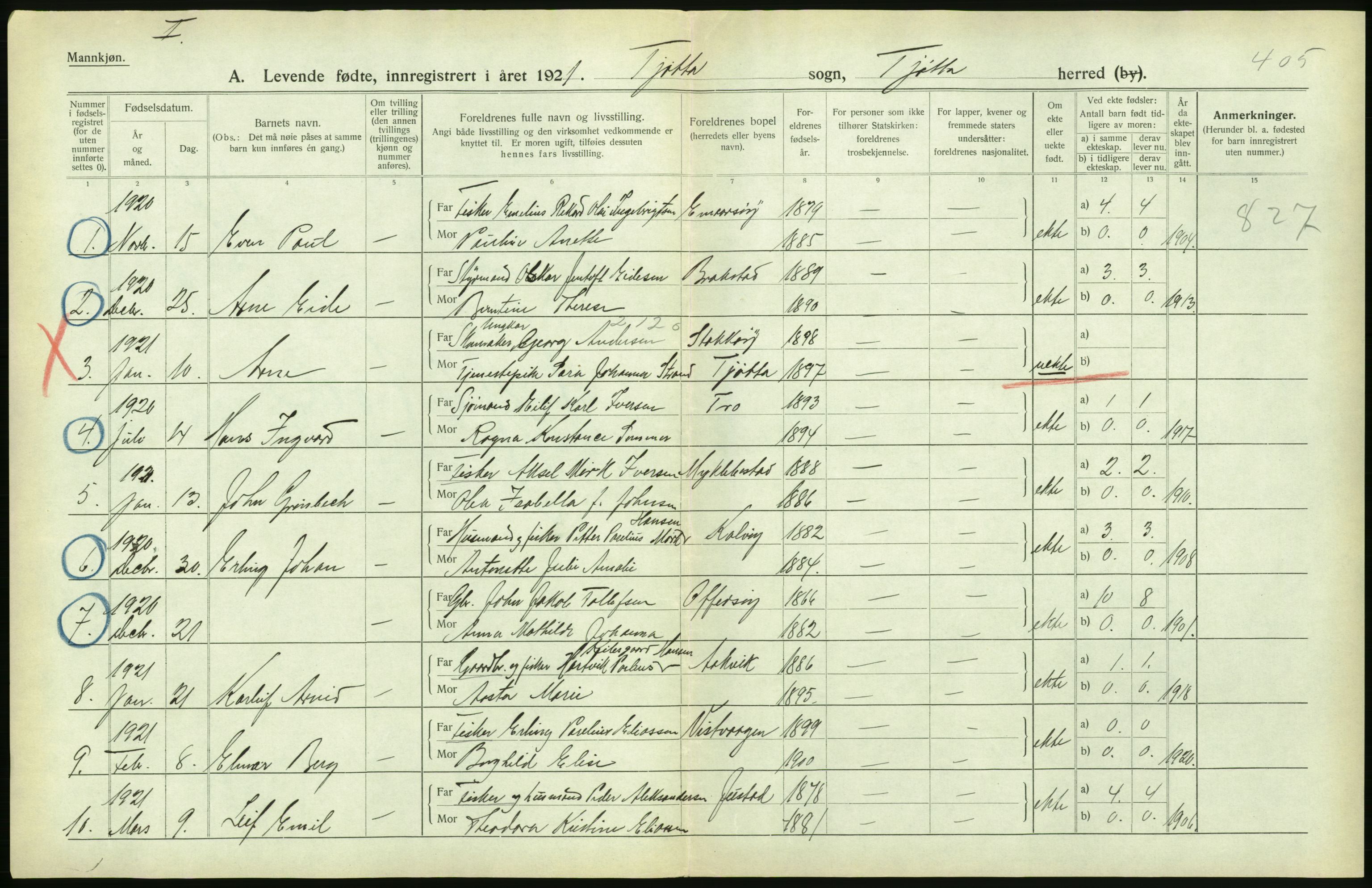 Statistisk sentralbyrå, Sosiodemografiske emner, Befolkning, AV/RA-S-2228/D/Df/Dfc/Dfca/L0049: Nordland fylke: Levendefødte menn og kvinner. Bygder., 1921, p. 500