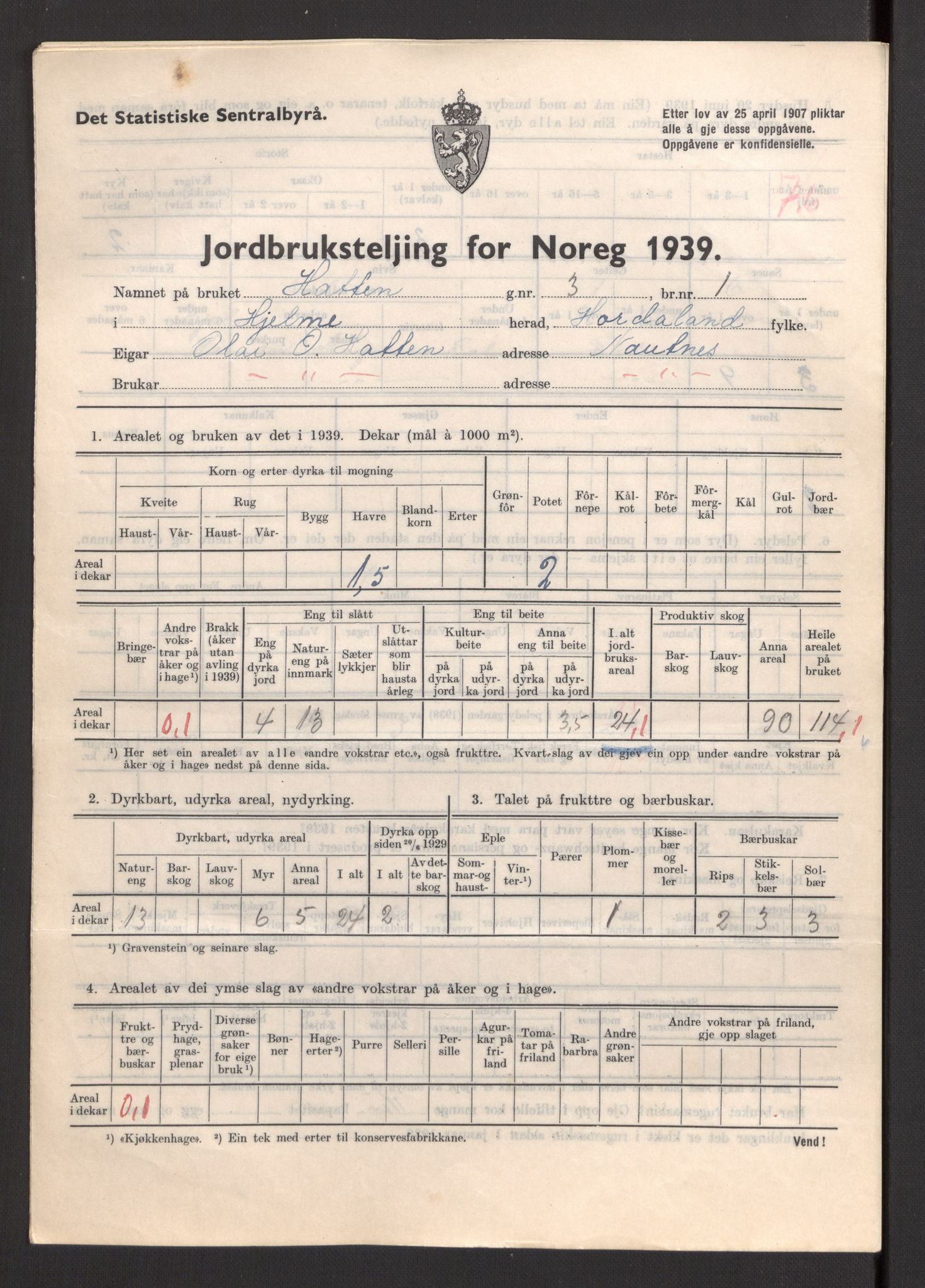 Statistisk sentralbyrå, Næringsøkonomiske emner, Jordbruk, skogbruk, jakt, fiske og fangst, AV/RA-S-2234/G/Gb/L0211: Hordaland: Herdla, Hjelme og Manger, 1939, p. 1371