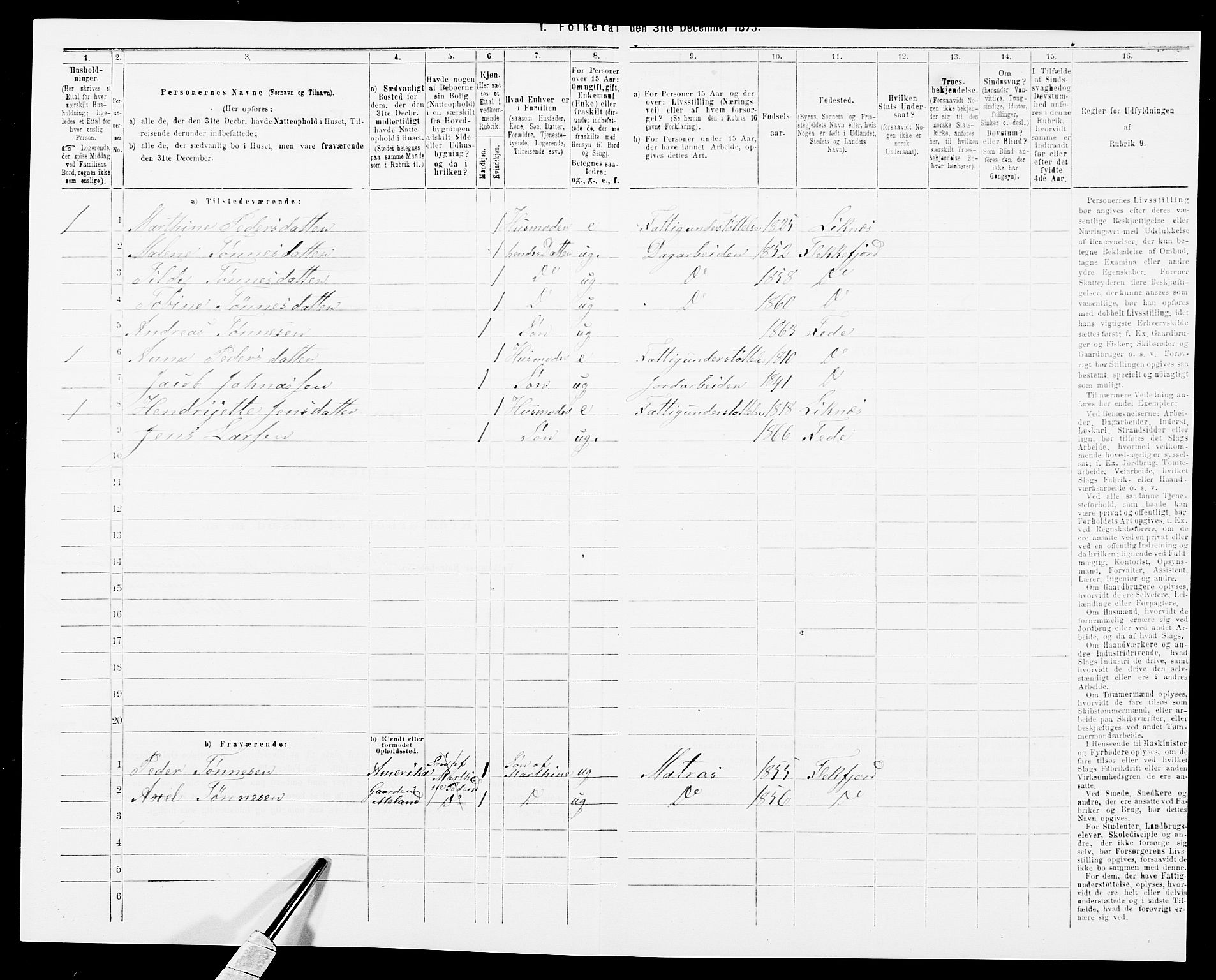 SAK, 1875 census for 1037P Kvinesdal, 1875, p. 1466