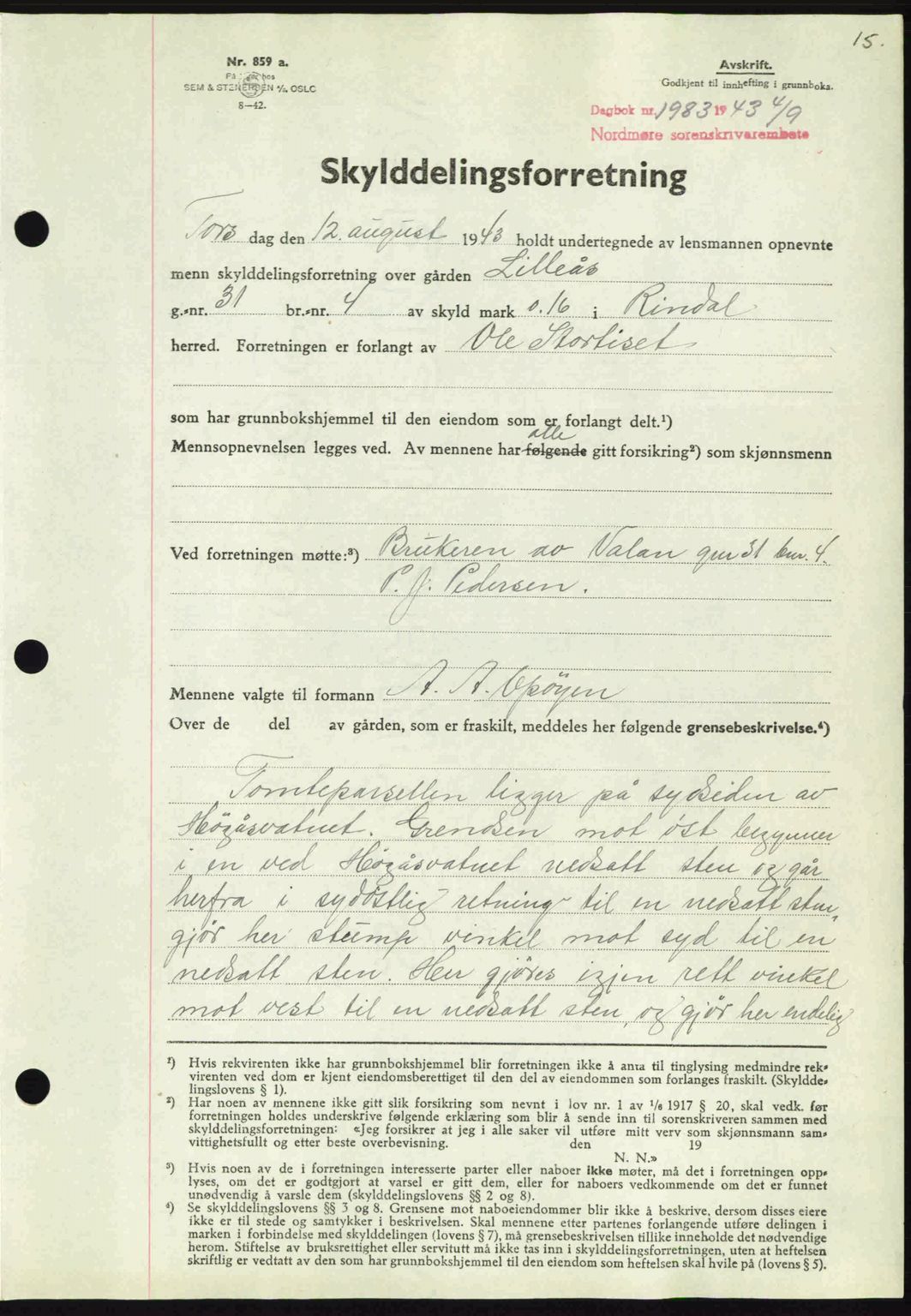 Nordmøre sorenskriveri, AV/SAT-A-4132/1/2/2Ca: Mortgage book no. A96, 1943-1944, Diary no: : 1983/1943