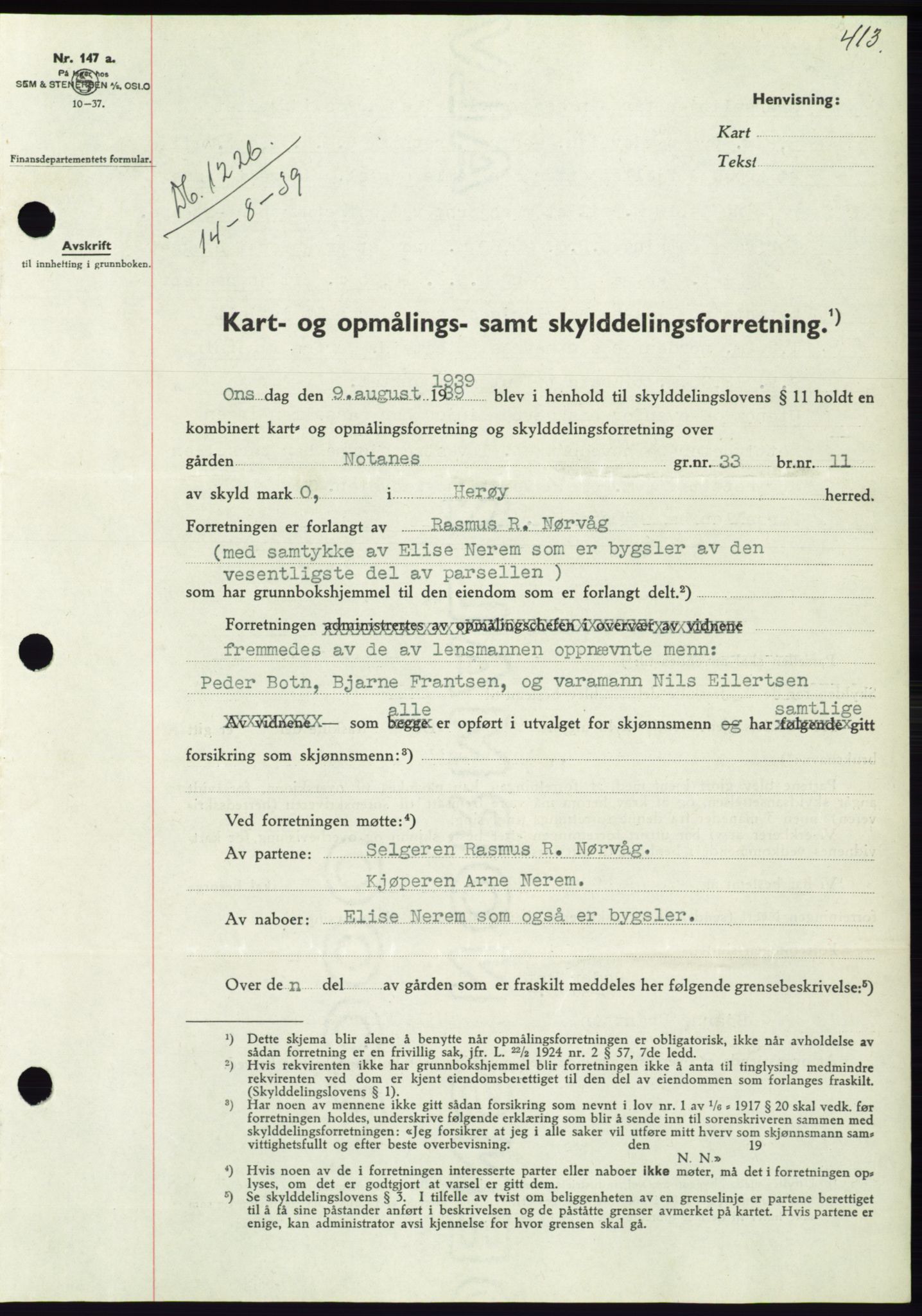 Søre Sunnmøre sorenskriveri, AV/SAT-A-4122/1/2/2C/L0068: Mortgage book no. 62, 1939-1939, Diary no: : 1226/1939