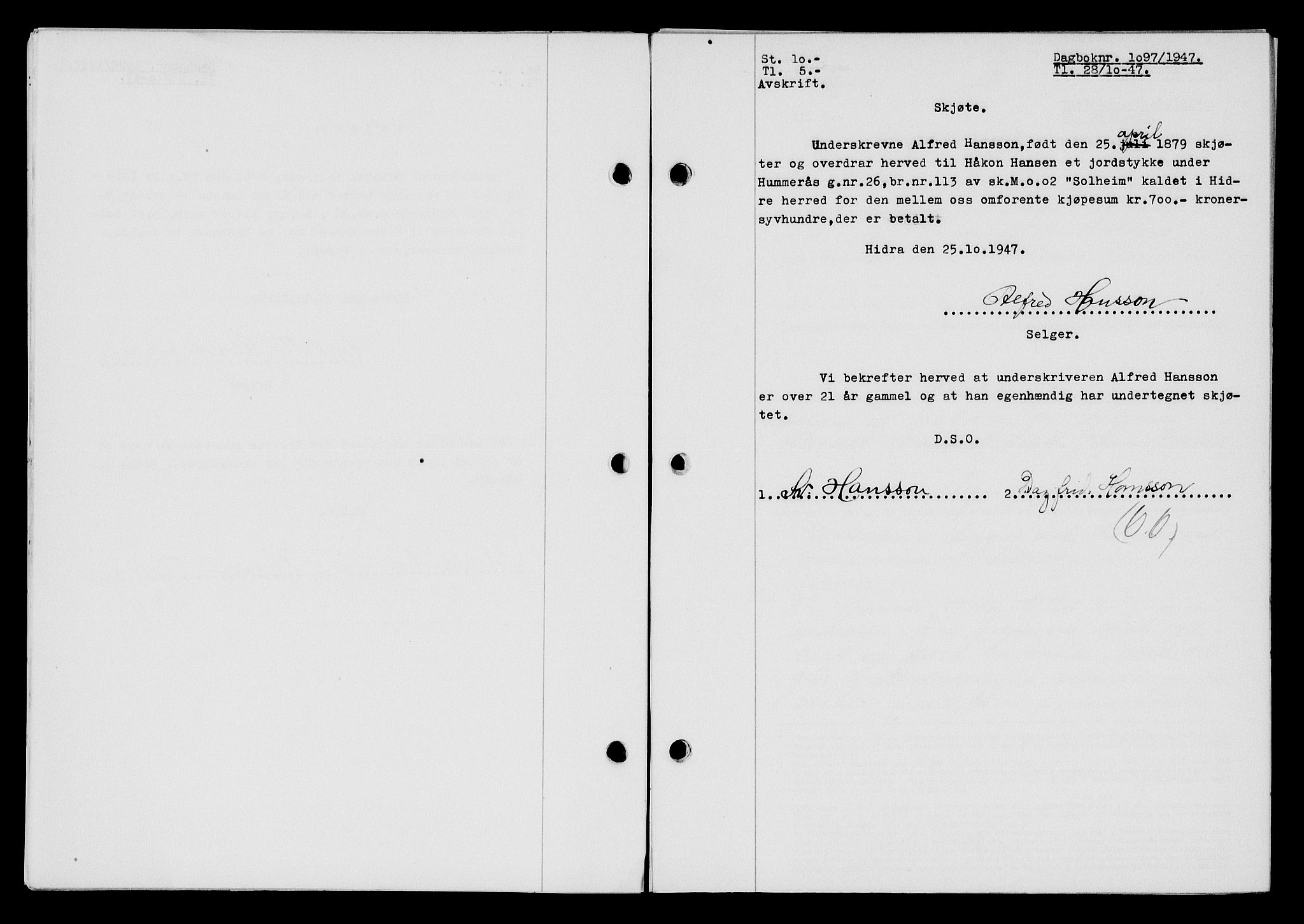 Flekkefjord sorenskriveri, SAK/1221-0001/G/Gb/Gba/L0063: Mortgage book no. A-11, 1947-1948, Diary no: : 1097/1947