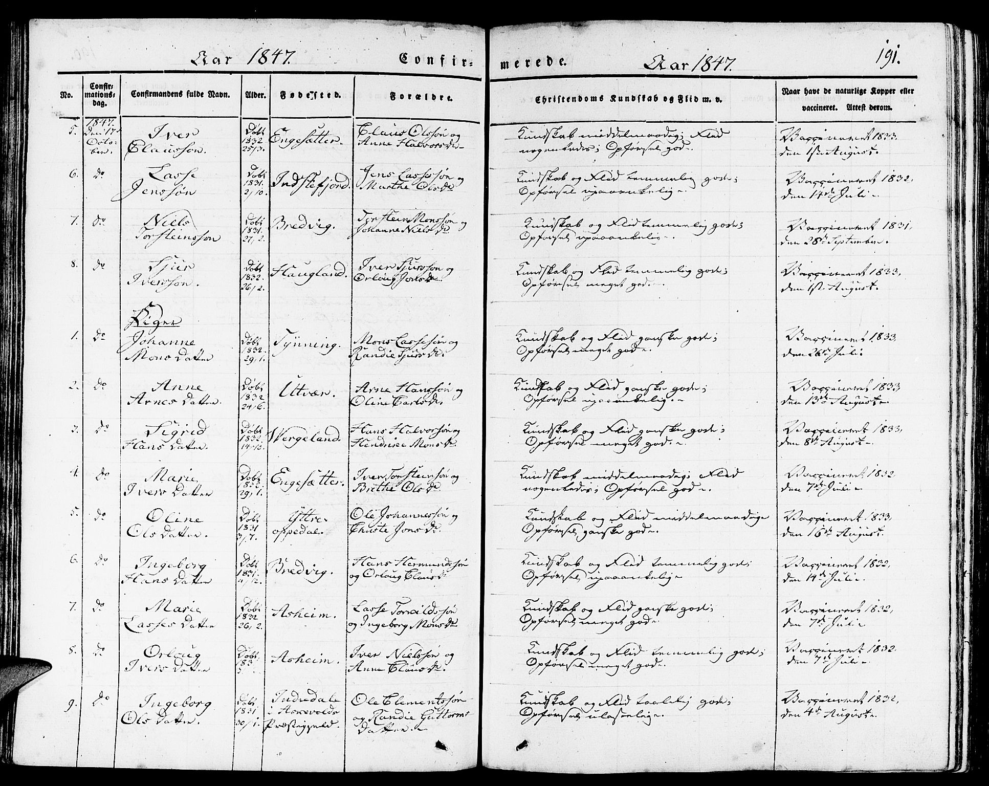 Gulen sokneprestembete, AV/SAB-A-80201/H/Haa/Haaa/L0020: Parish register (official) no. A 20, 1837-1847, p. 191