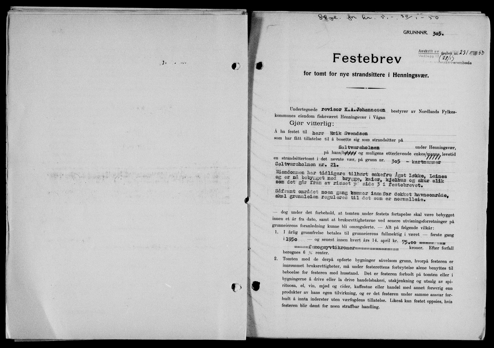 Lofoten sorenskriveri, SAT/A-0017/1/2/2C/L0022a: Mortgage book no. 22a, 1949-1950, Diary no: : 231/1950