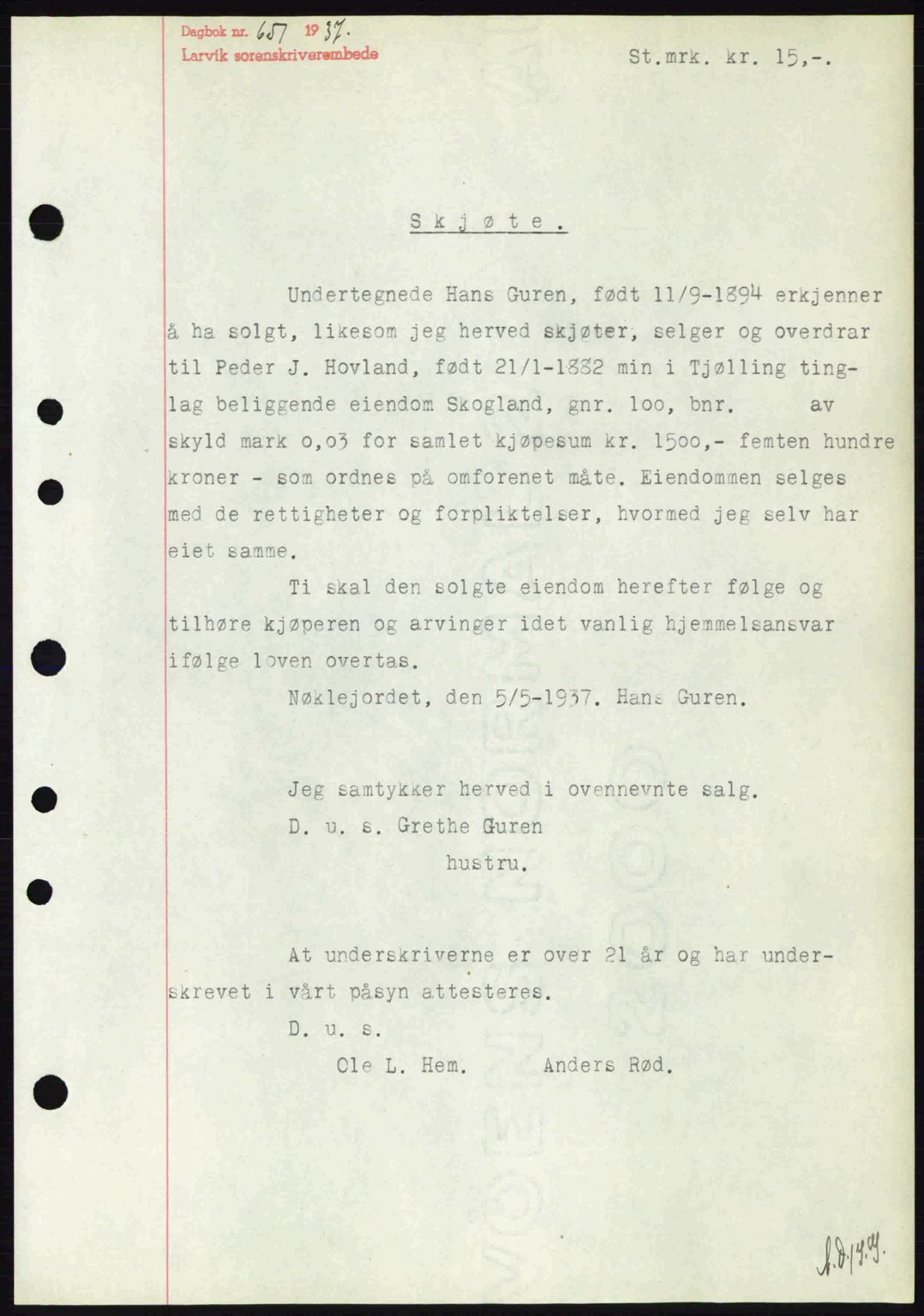 Larvik sorenskriveri, SAKO/A-83/G/Ga/Gab/L0067: Mortgage book no. A-1, 1936-1937, Diary no: : 651/1937