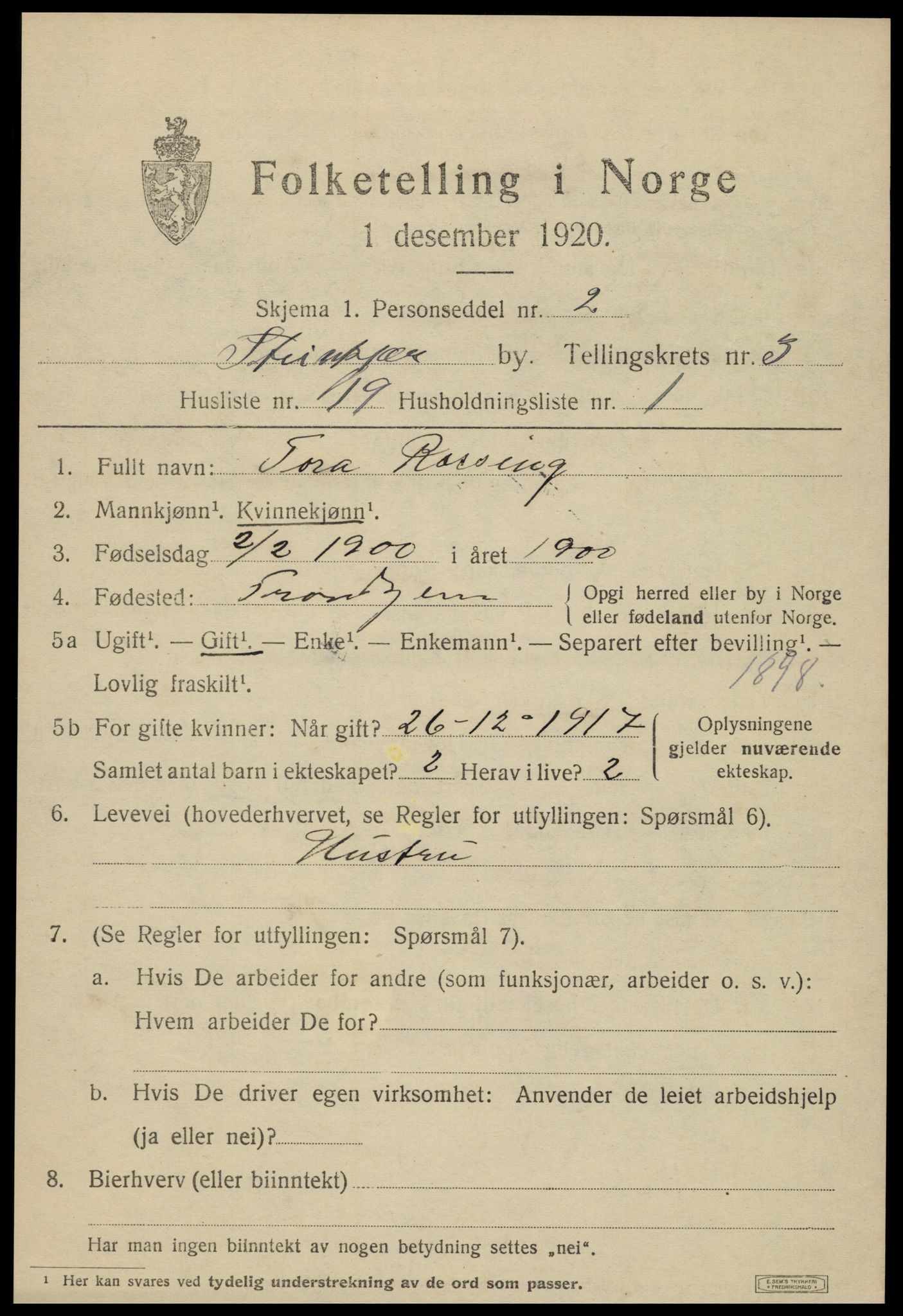 SAT, 1920 census for Steinkjer, 1920, p. 6184