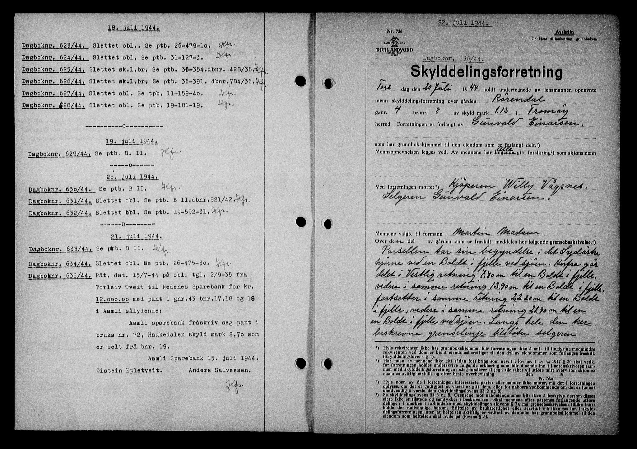 Nedenes sorenskriveri, SAK/1221-0006/G/Gb/Gba/L0051: Mortgage book no. A-V, 1943-1944, Diary no: : 636/1944