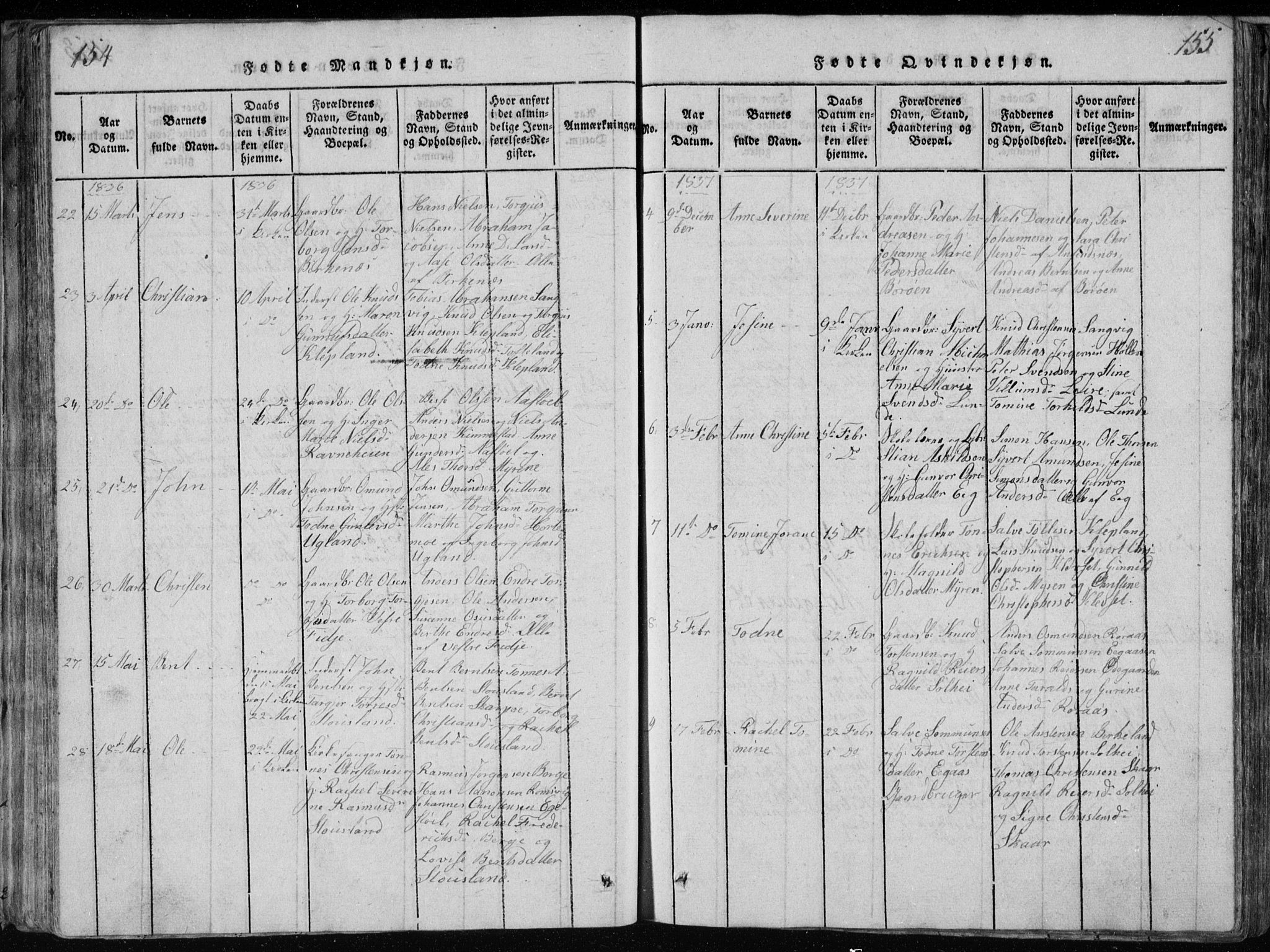 Søgne sokneprestkontor, SAK/1111-0037/F/Fb/Fbb/L0002: Parish register (copy) no. B 2, 1821-1838, p. 154-155
