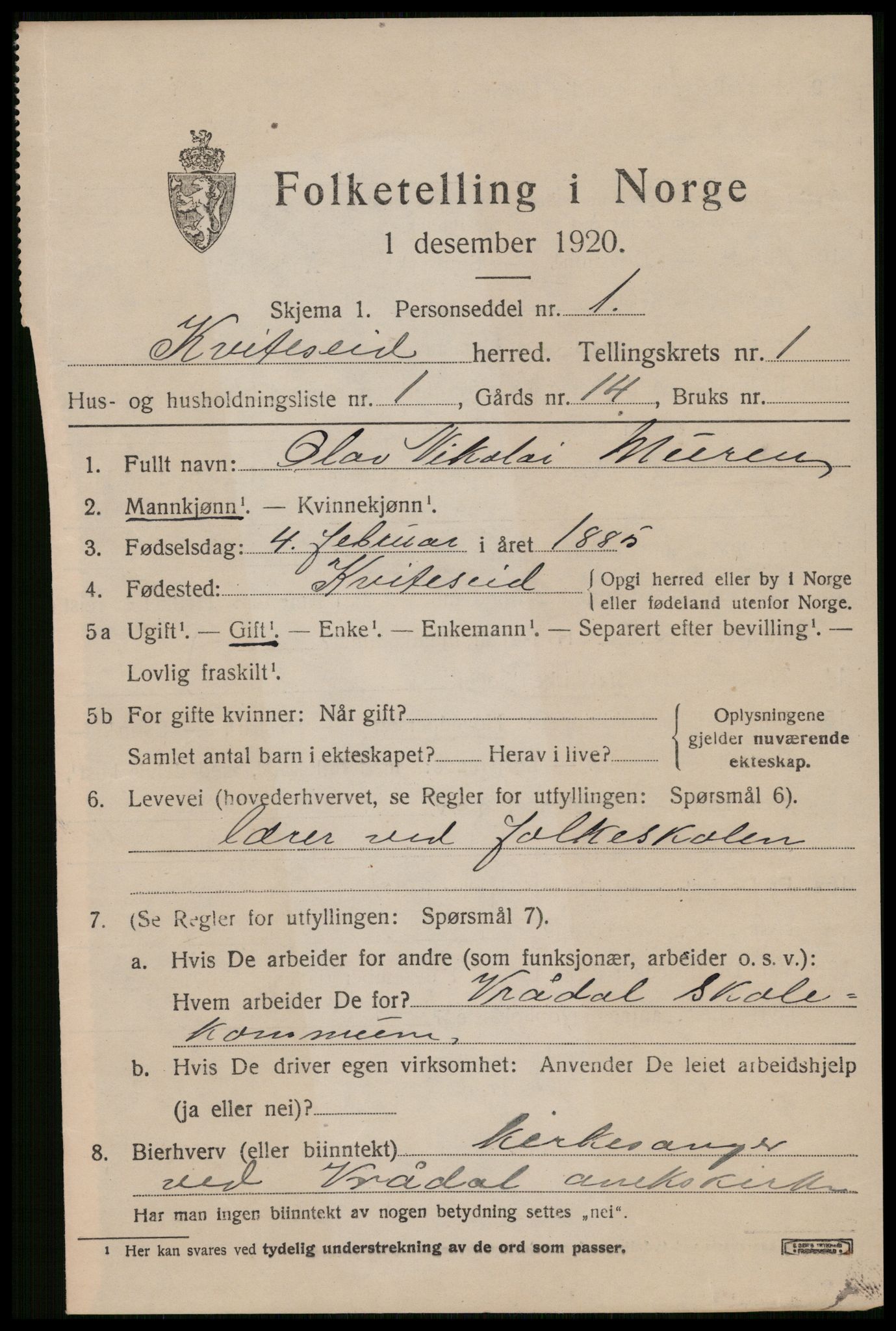 SAKO, 1920 census for Kviteseid, 1920, p. 1409