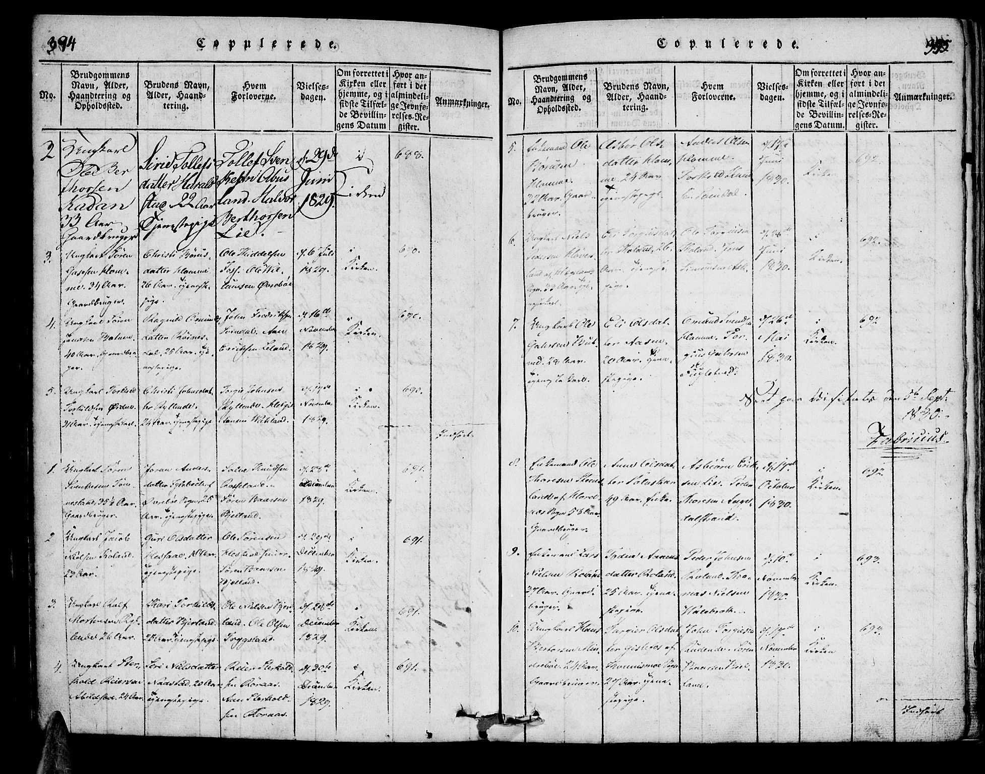 Bjelland sokneprestkontor, SAK/1111-0005/F/Fa/Faa/L0002: Parish register (official) no. A 2, 1816-1866, p. 394-395