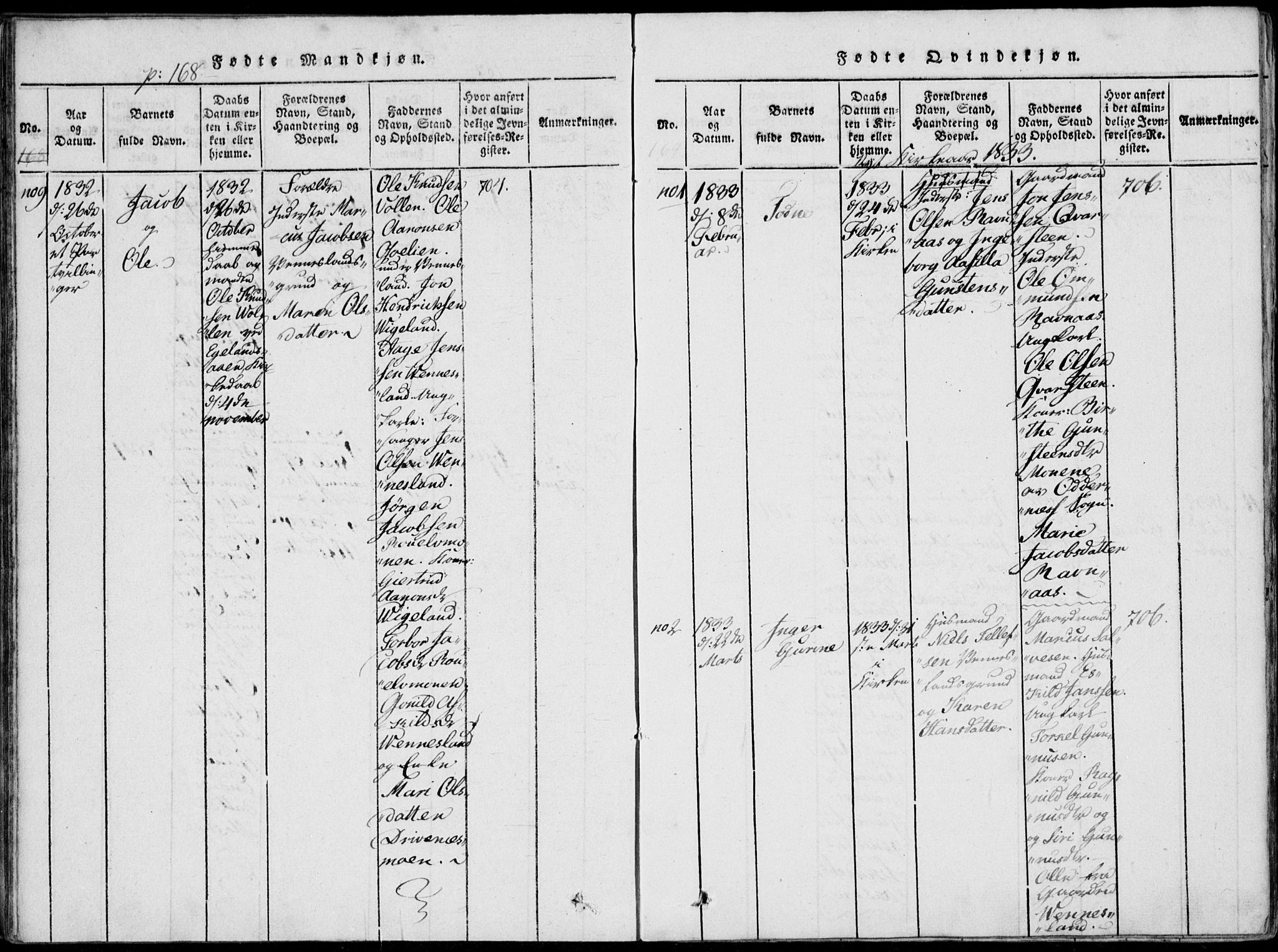 Vennesla sokneprestkontor, AV/SAK-1111-0045/Fa/Fab/L0003: Parish register (official) no. A 3, 1820-1834, p. 168-169