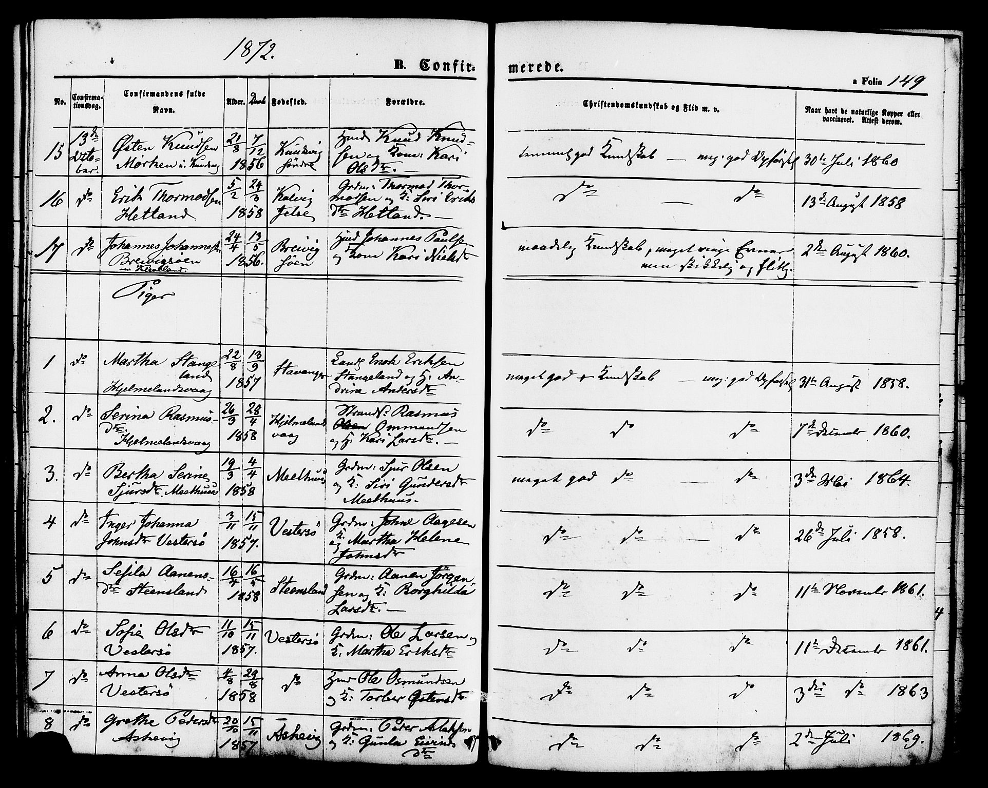Hjelmeland sokneprestkontor, AV/SAST-A-101843/01/IV/L0011: Parish register (official) no. A 11, 1861-1878, p. 149