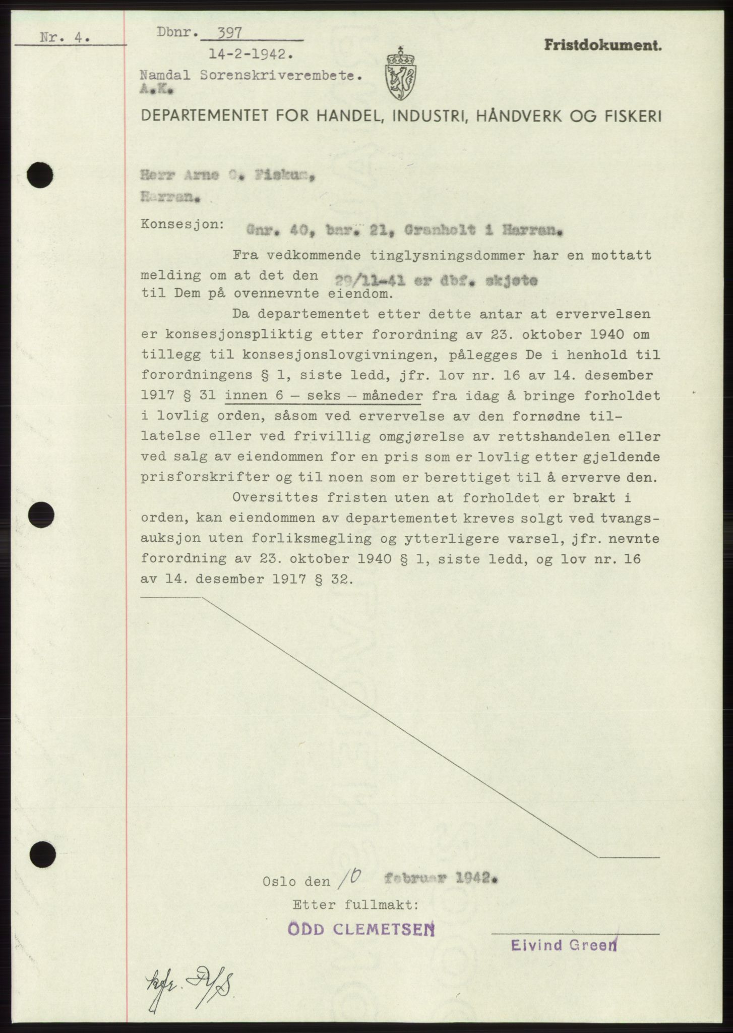 Namdal sorenskriveri, SAT/A-4133/1/2/2C: Mortgage book no. -, 1941-1942, Diary no: : 397/1942