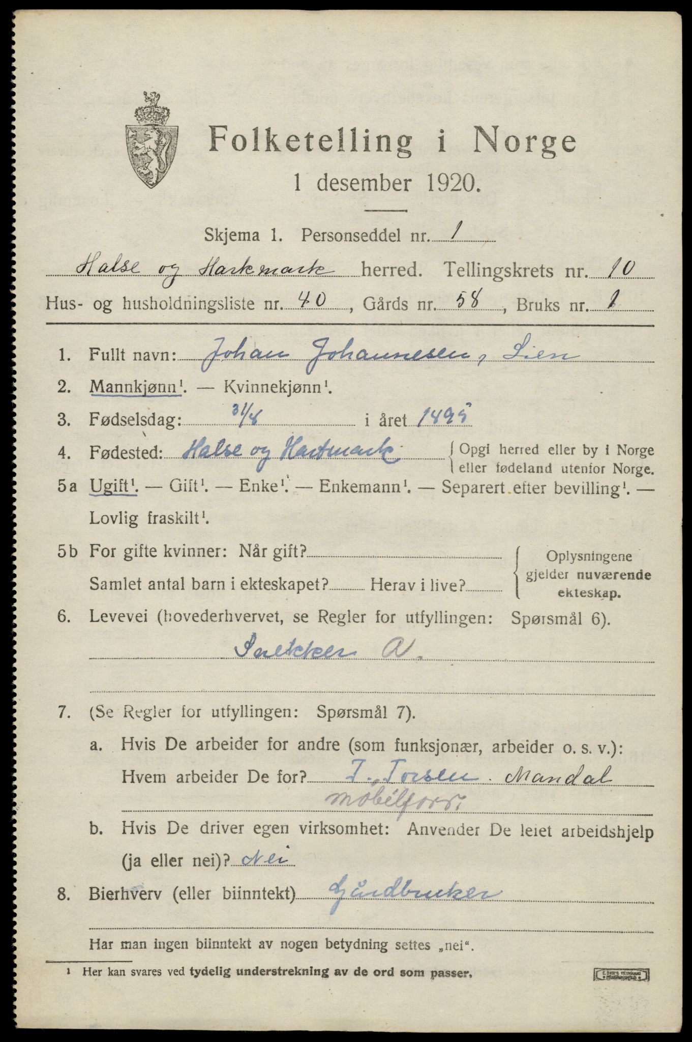 SAK, 1920 census for Halse og Harkmark, 1920, p. 5967