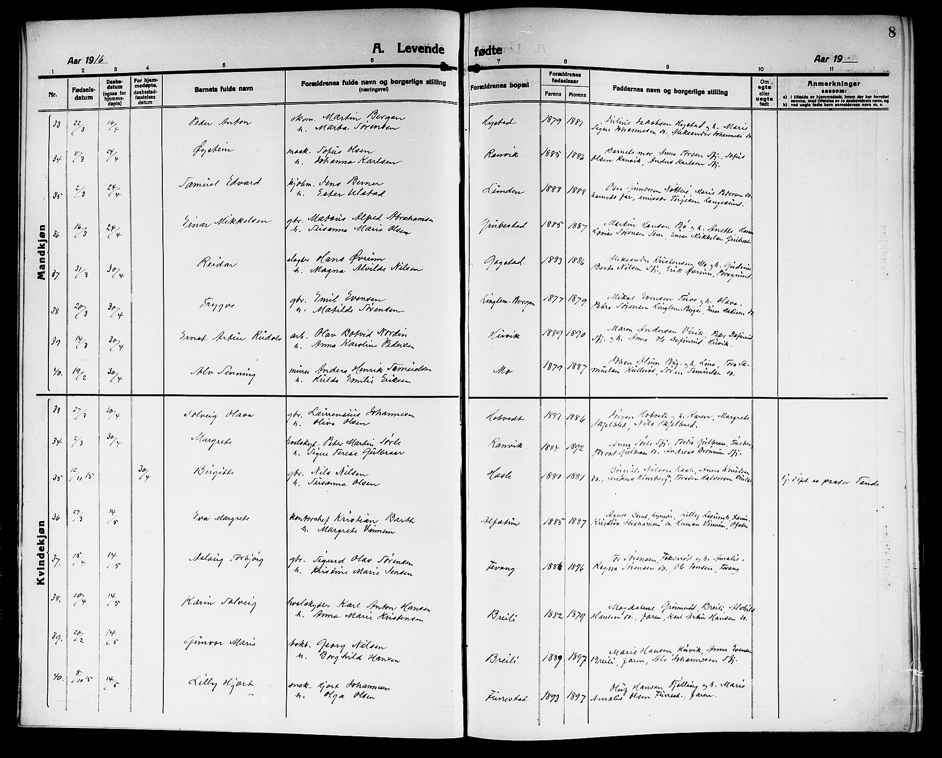 Sandar kirkebøker, SAKO/A-243/G/Ga/L0003: Parish register (copy) no. 3, 1916-1922, p. 8