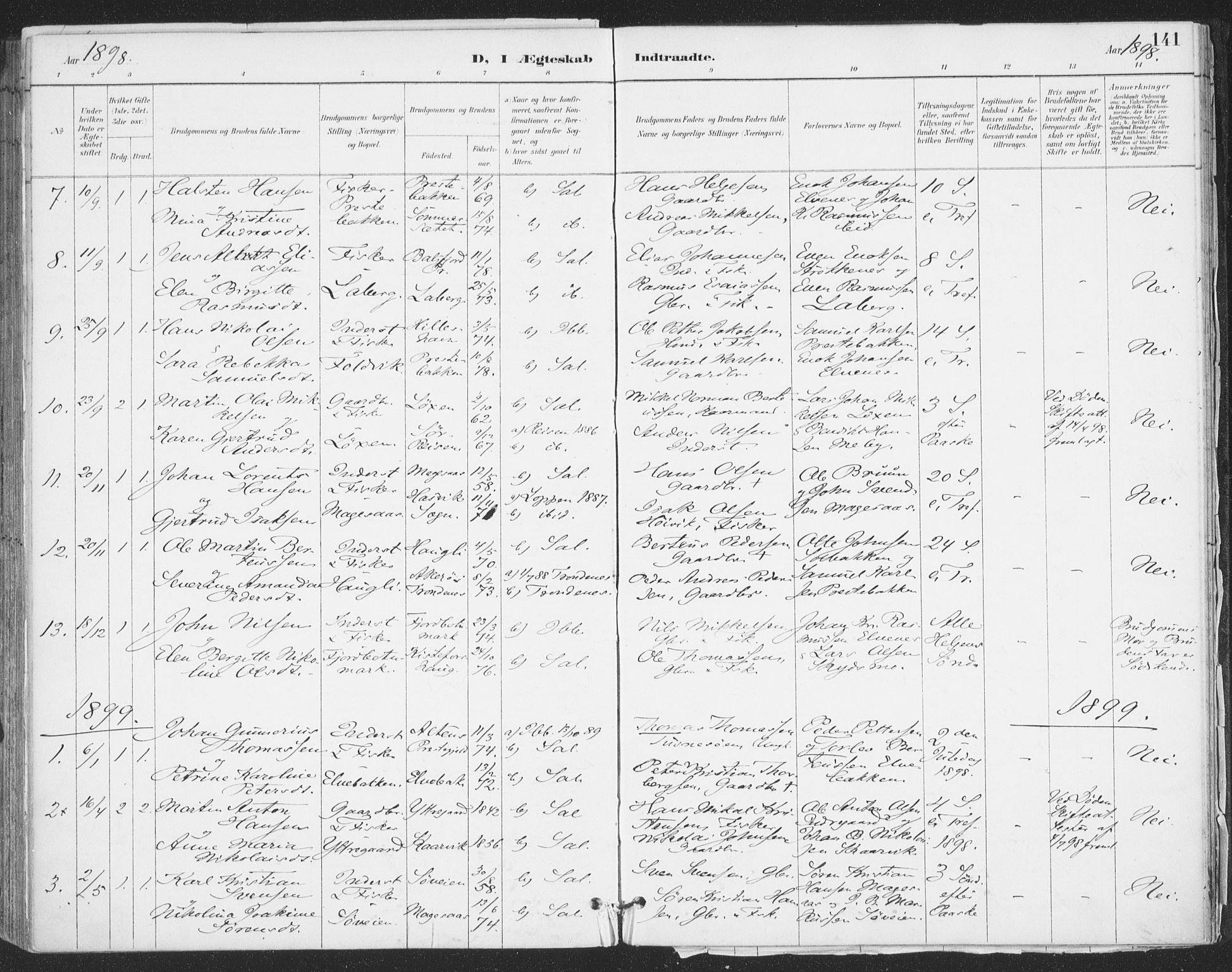 Ibestad sokneprestembete, AV/SATØ-S-0077/H/Ha/Haa/L0015kirke: Parish register (official) no. 15, 1888-1899, p. 141