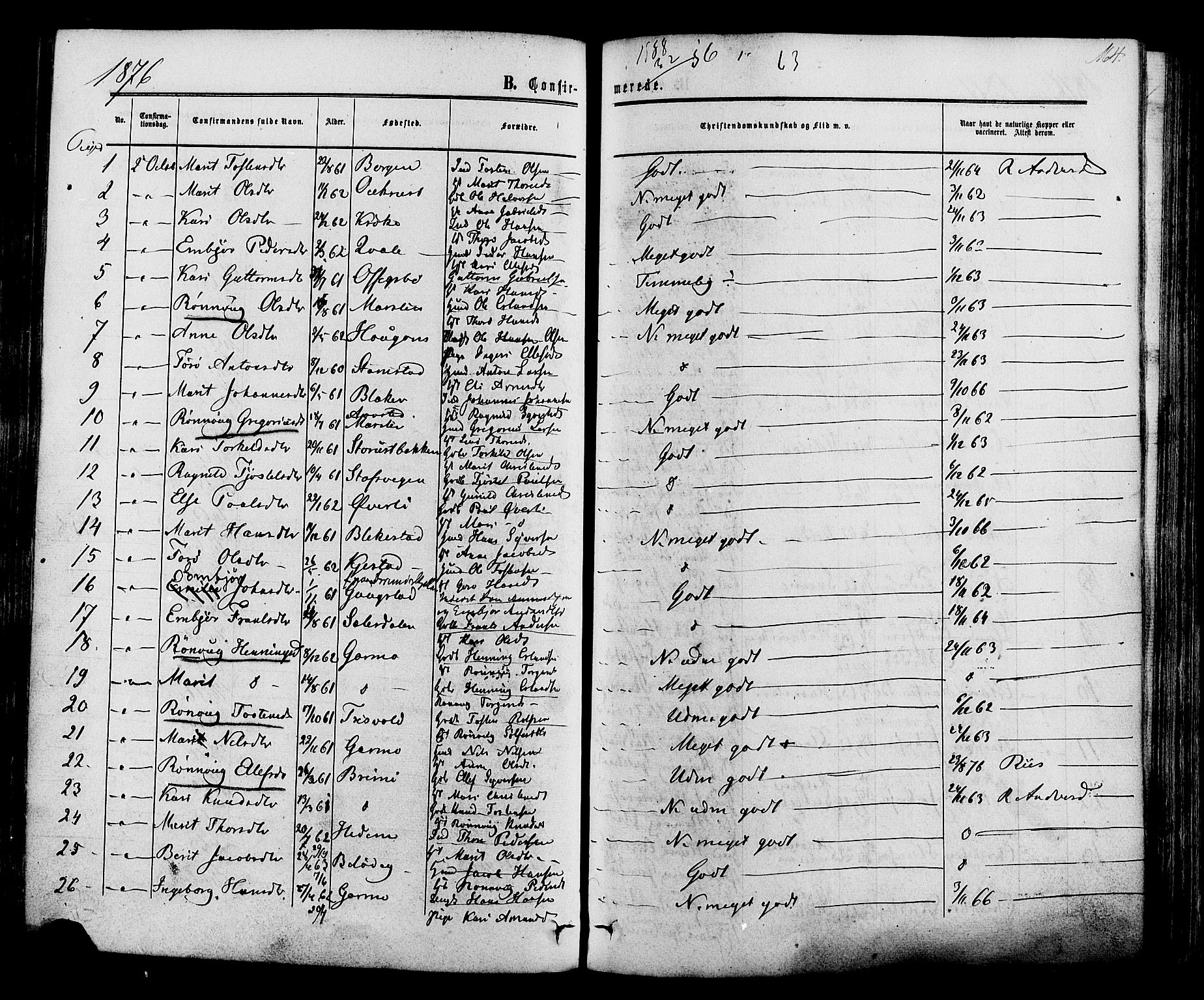 Lom prestekontor, SAH/PREST-070/K/L0007: Parish register (official) no. 7, 1863-1884, p. 164