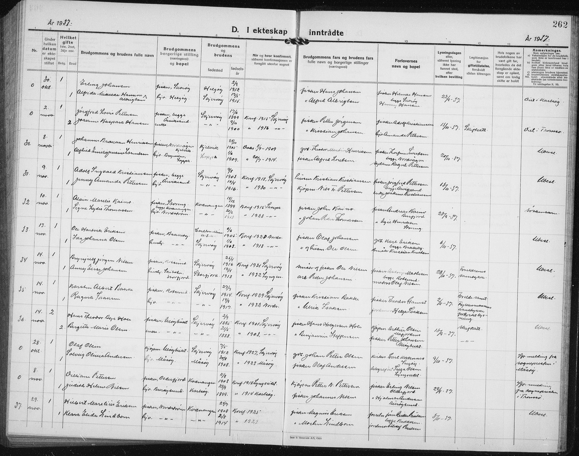 Skjervøy sokneprestkontor, AV/SATØ-S-1300/H/Ha/Hab/L0010klokker: Parish register (copy) no. 10, 1927-1941, p. 262