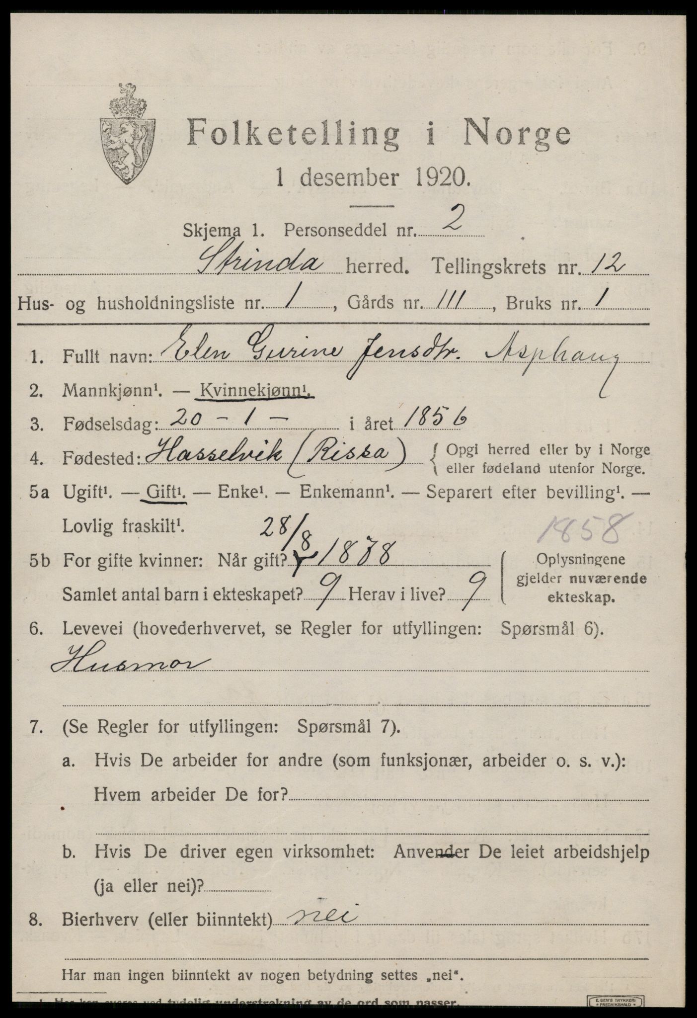 SAT, 1920 census for Strinda, 1920, p. 26120