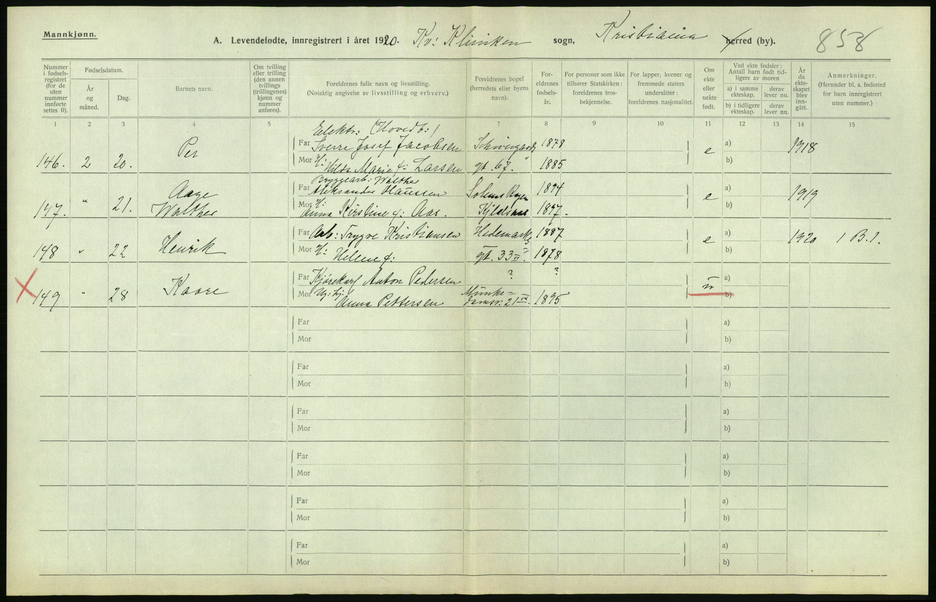 Statistisk sentralbyrå, Sosiodemografiske emner, Befolkning, AV/RA-S-2228/D/Df/Dfb/Dfbj/L0008: Kristiania: Levendefødte menn og kvinner., 1920, p. 352