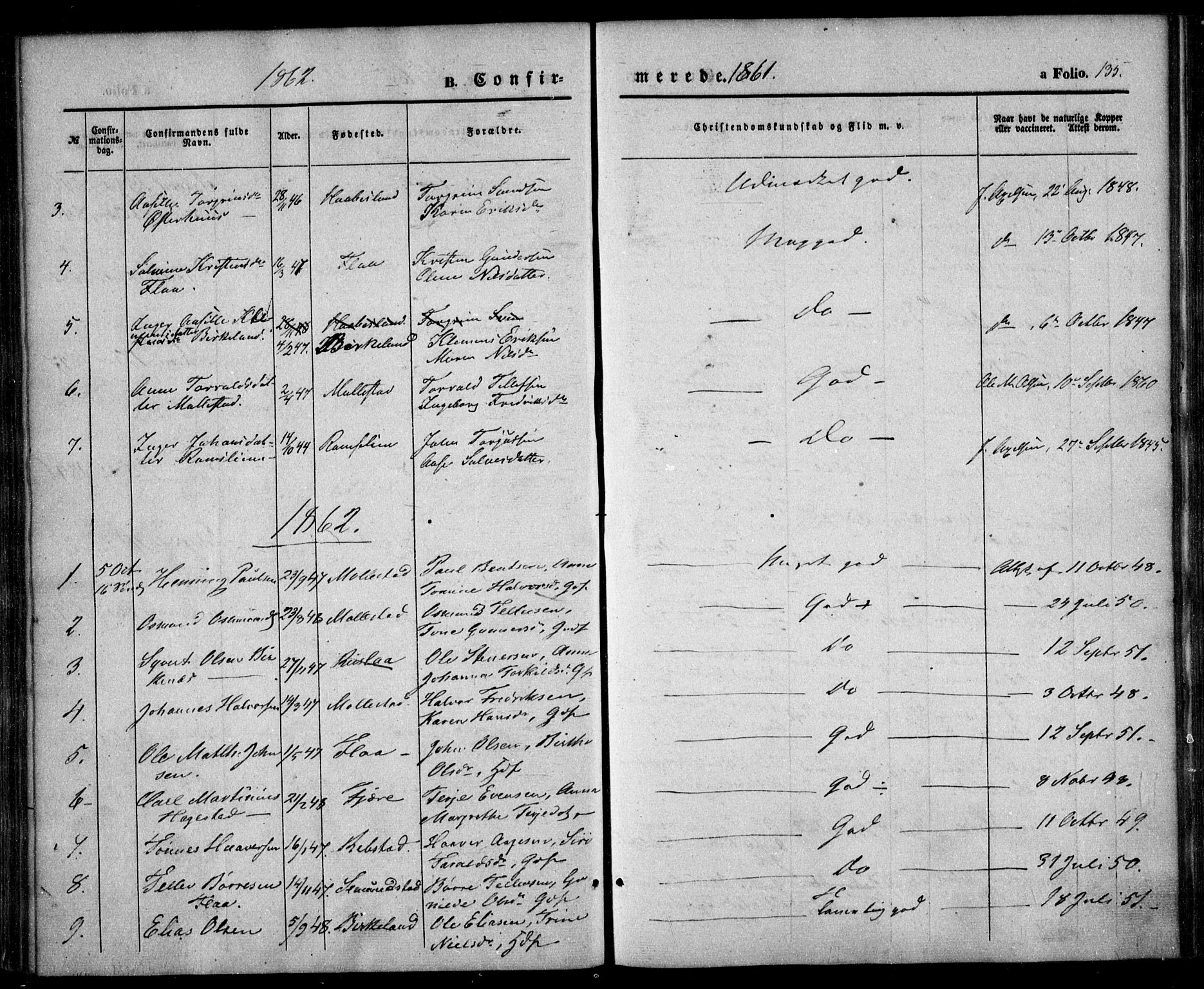 Birkenes sokneprestkontor, AV/SAK-1111-0004/F/Fa/L0003: Parish register (official) no. A 3, 1850-1866, p. 135