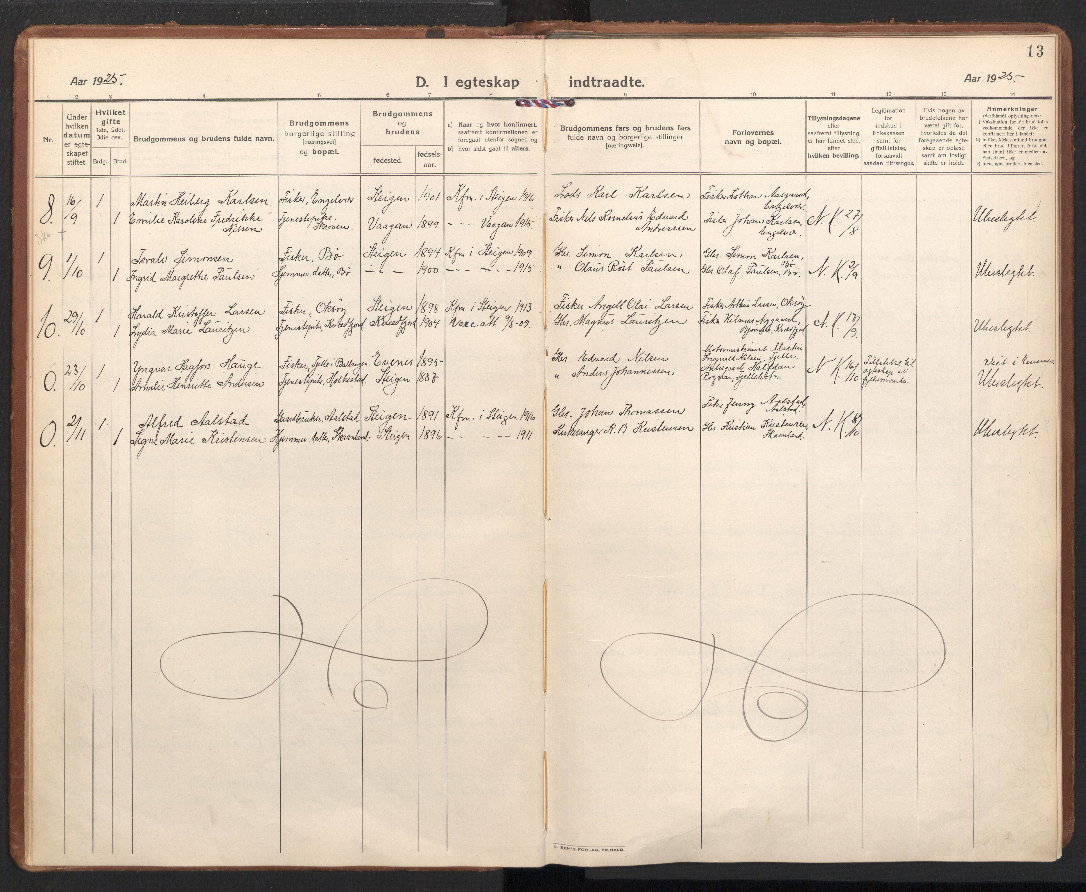 Ministerialprotokoller, klokkerbøker og fødselsregistre - Nordland, AV/SAT-A-1459/855/L0809: Parish register (official) no. 855A18, 1921-1939, p. 13