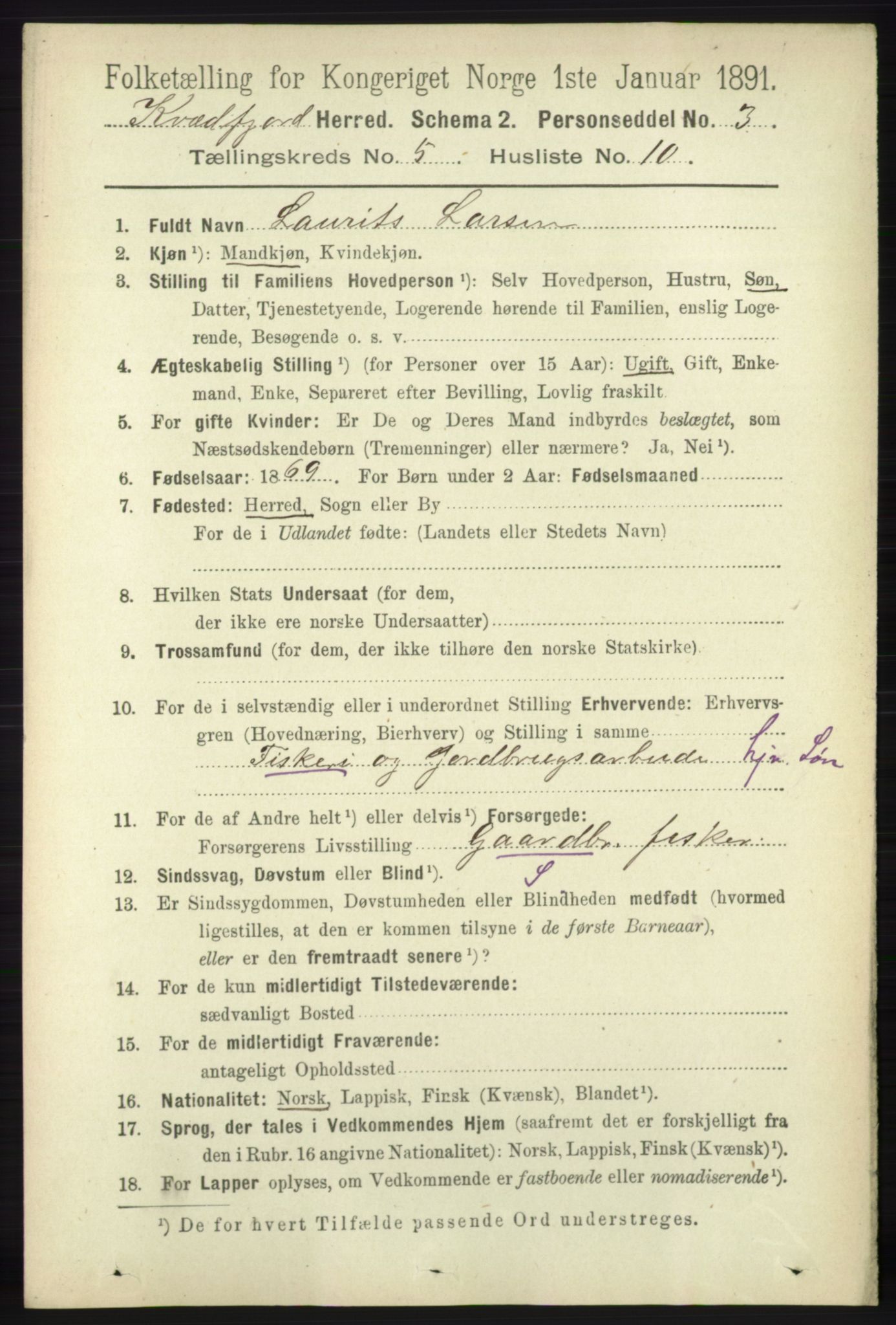 RA, 1891 census for 1911 Kvæfjord, 1891, p. 2918