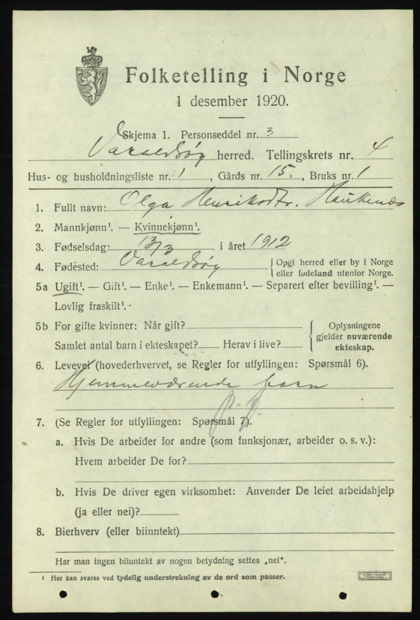 SAB, 1920 census for Varaldsøy, 1920, p. 1383