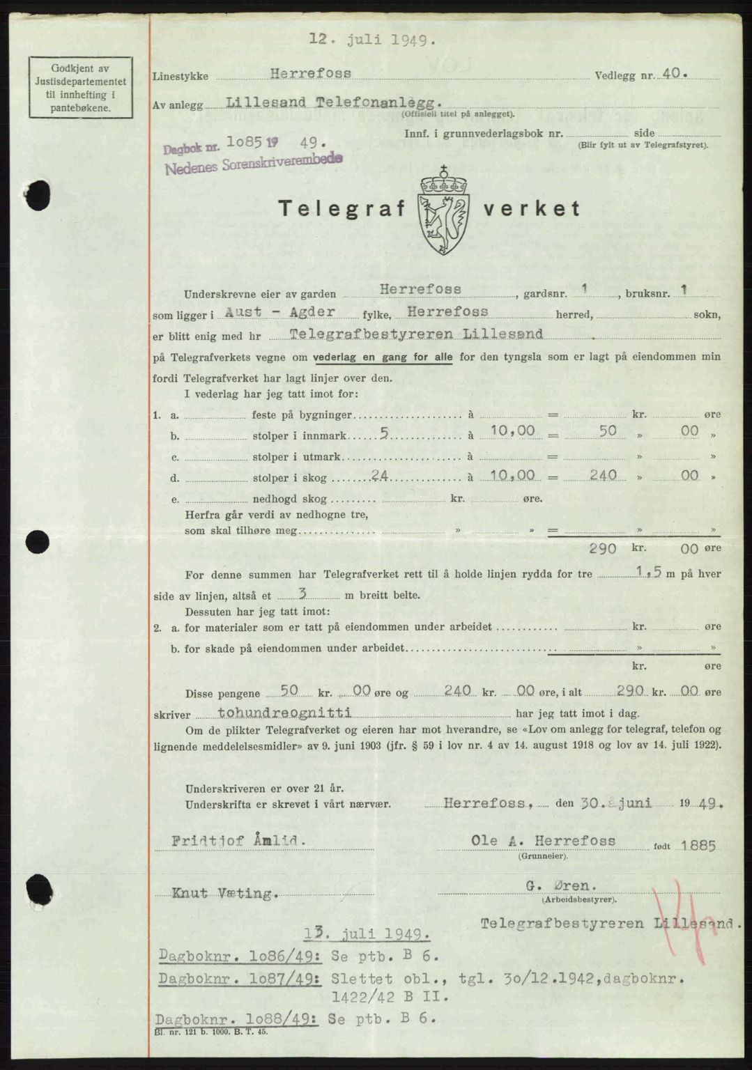 Nedenes sorenskriveri, SAK/1221-0006/G/Gb/Gba/L0061: Mortgage book no. A13, 1949-1949, Diary no: : 1085/1949