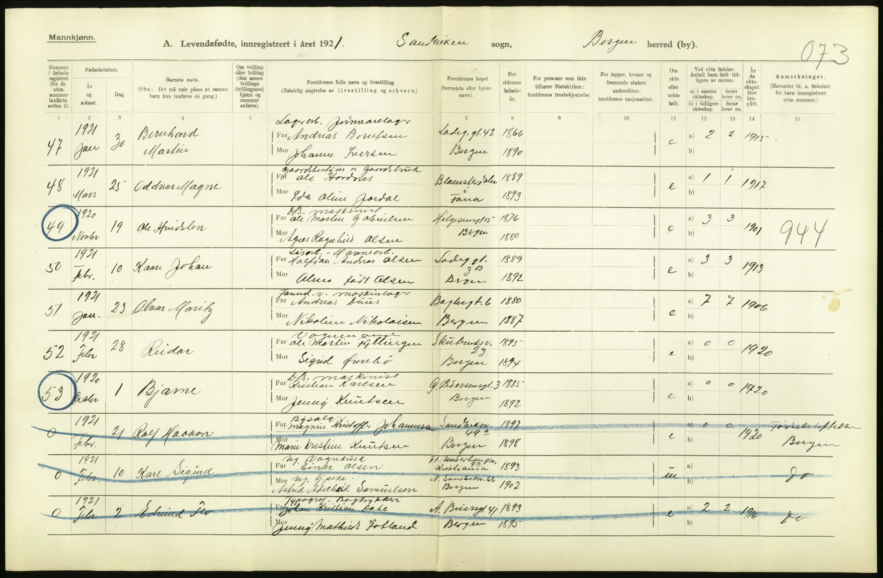Statistisk sentralbyrå, Sosiodemografiske emner, Befolkning, AV/RA-S-2228/D/Df/Dfc/Dfca/L0034: Bergen: Levendefødte menn og kvinner., 1921, p. 14